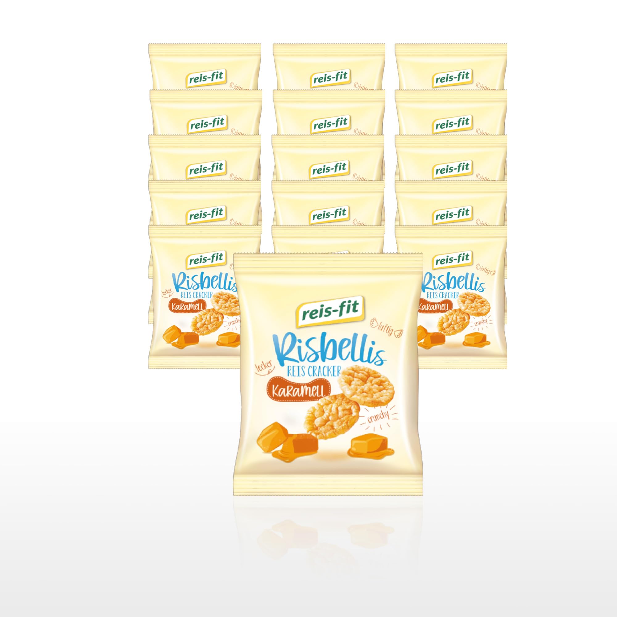 EKERA – reis-fit Risbellis Karamel – 16 Packungen knusprige Reiscracker | Süß & herzhaft | leichte Reiswaffeln als Snack für unterwegs, Büro & zu Hause | Reis Cracker fettarm