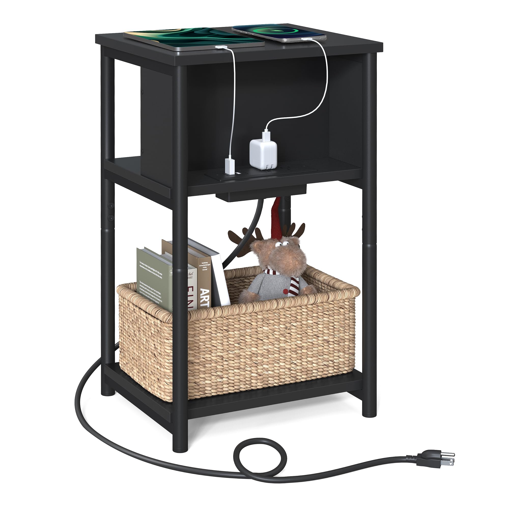 SONGMICS VASAGLE Side Table with Charging Station, 3-Tier End Table with USB Ports and Outlets, Nightstand for Living Room, Bedroom, 11.8 x 13.4 x 22.8 Inches, Plug-in Series, Black
