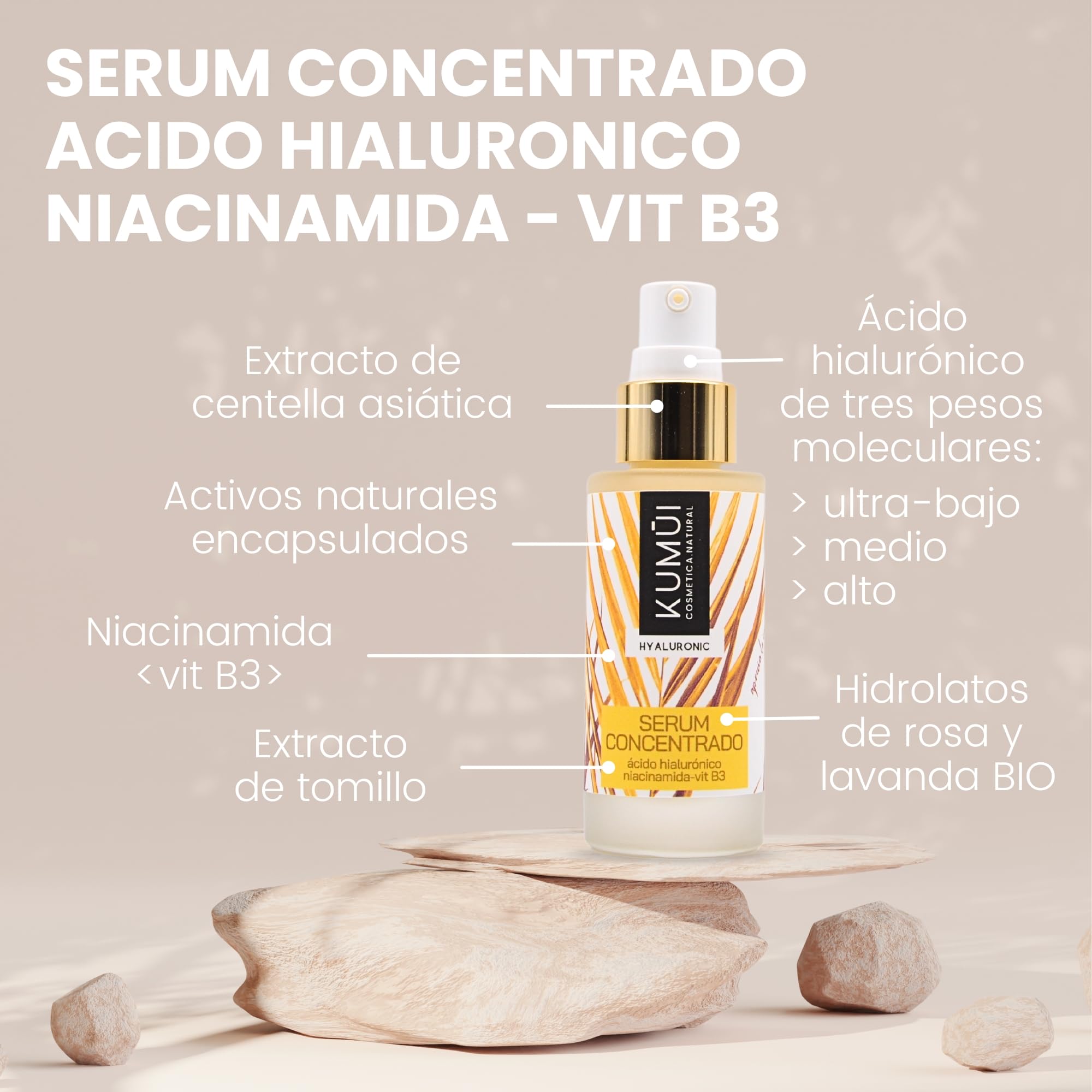 Kumui- Sérum Facial Concentrado Rellenador de Arrugas y Antimanchas- PREMIO INTERNACIONAL 2025 - Tecnología Microencapsulación, Ácido Hialurónico de varios pesos moleculares y Niacinamida B3-30 ml