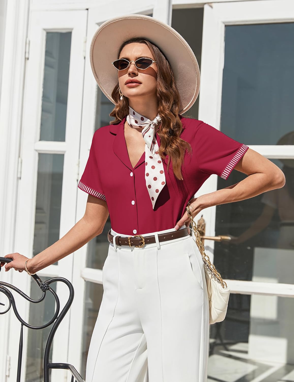 Ekouaer Womens Pajama Sets Short Sleeve Button Up Pjs, Chic Contrast Trim, Long Pants with Pockets,Soft Loungewear Set S-XXL - Image 5