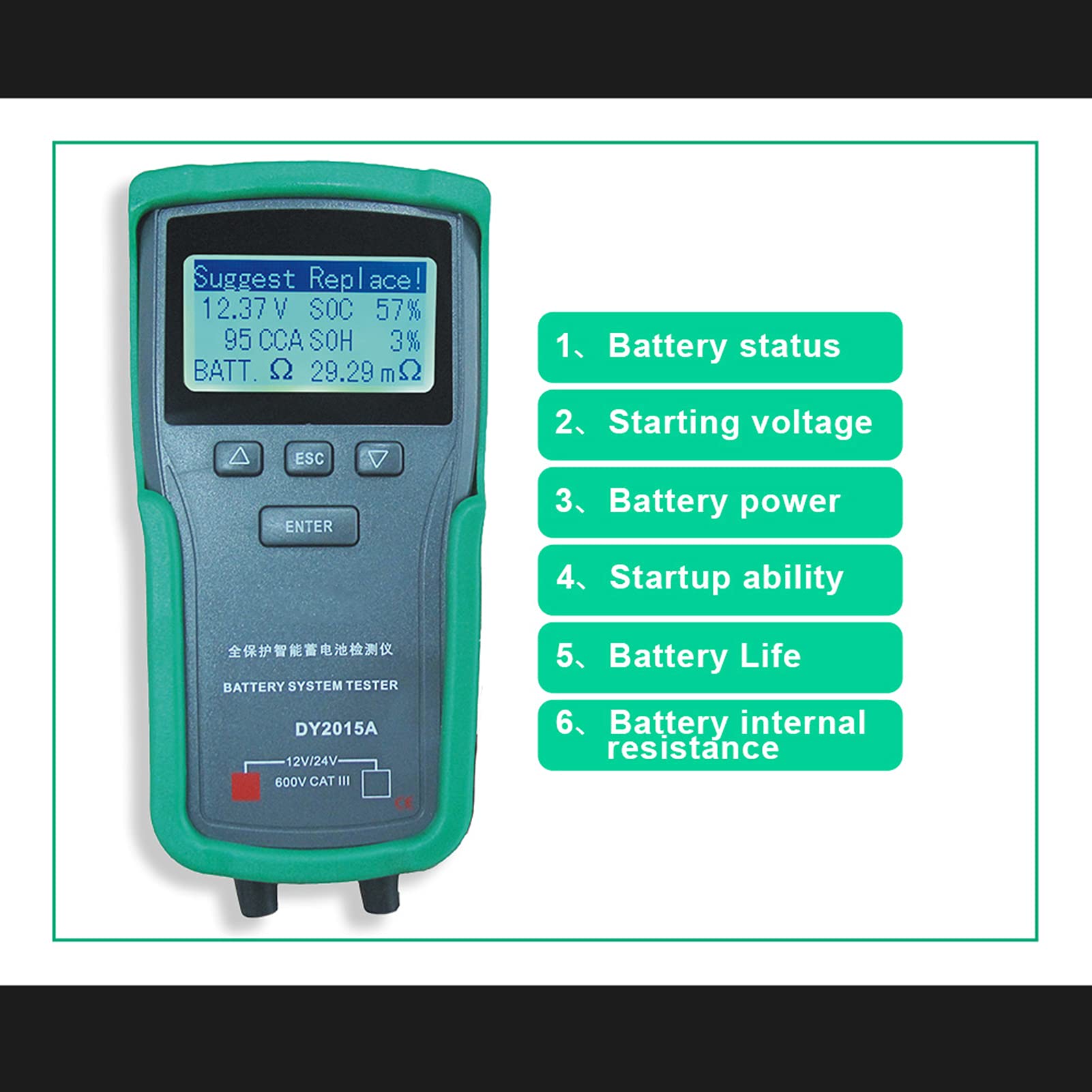 Probador de batería de Torvex, analizador de carga de voltaje 12V - 24V para verificación de la batería del automóvil, DY2015A Capacidad de control, Herramienta de prueba de carga