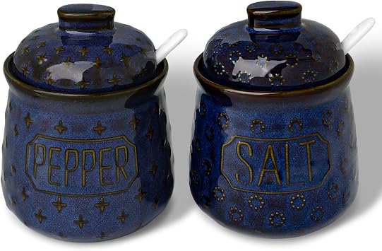 GDCZ 10 Oz Ceramic Salt and Pepper Bowls Set with Lid and Spoons Blue