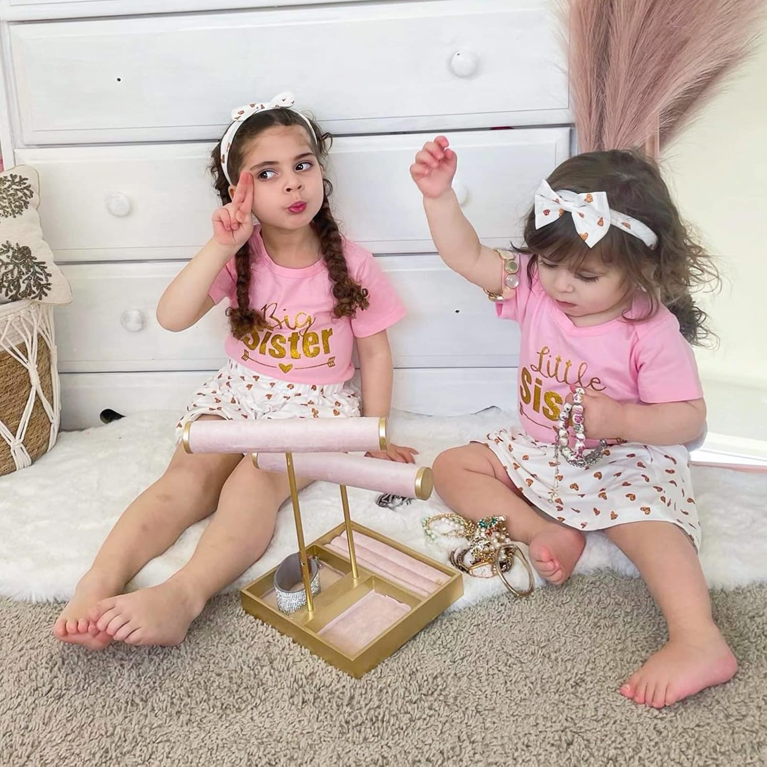AMAWMW Big Sister Little Sister Matching Outfits Toddler Baby Girl Summer Clothes Short Sleeve Romper Ruffle Skirt 3PC Set - Image 2