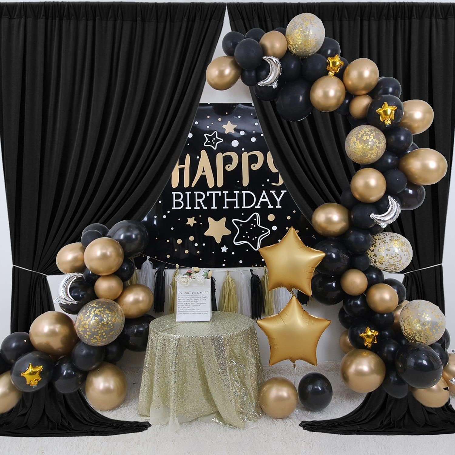 Cortina Negra 3x6 m para Telón de Fondo de Fiesta, Boda, Cumpleaños, Baby Shower, Bautizo y Ducha Nupcial - Poliéster