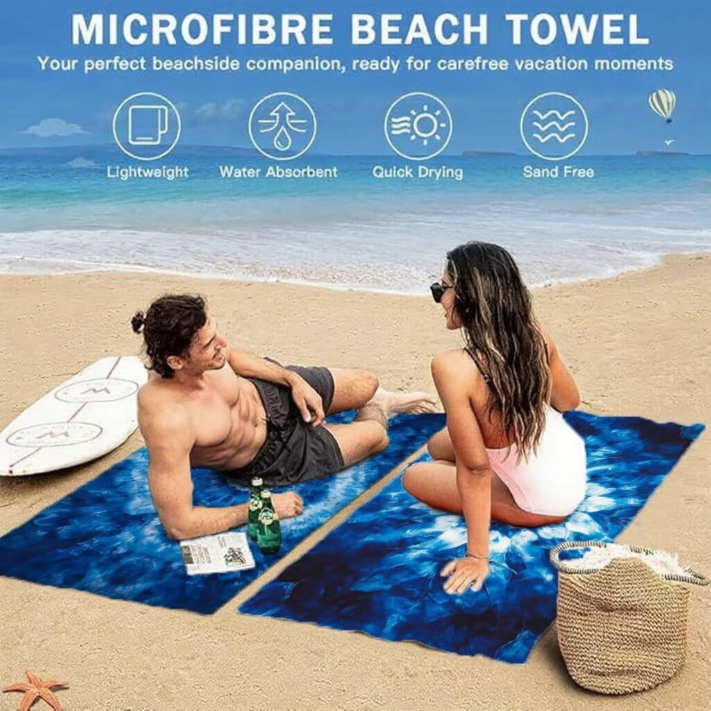 Niebieski ręcznik plażowy dla dorosłych, ręcznik z mikrofibry 100 x 200 cm, duży, 2 sztuki, ręczniki kąpielowe, unikalne zatrzaskowe, chłonne, szybkoschnące, odporne na piasek, lekka konstrukcja, do