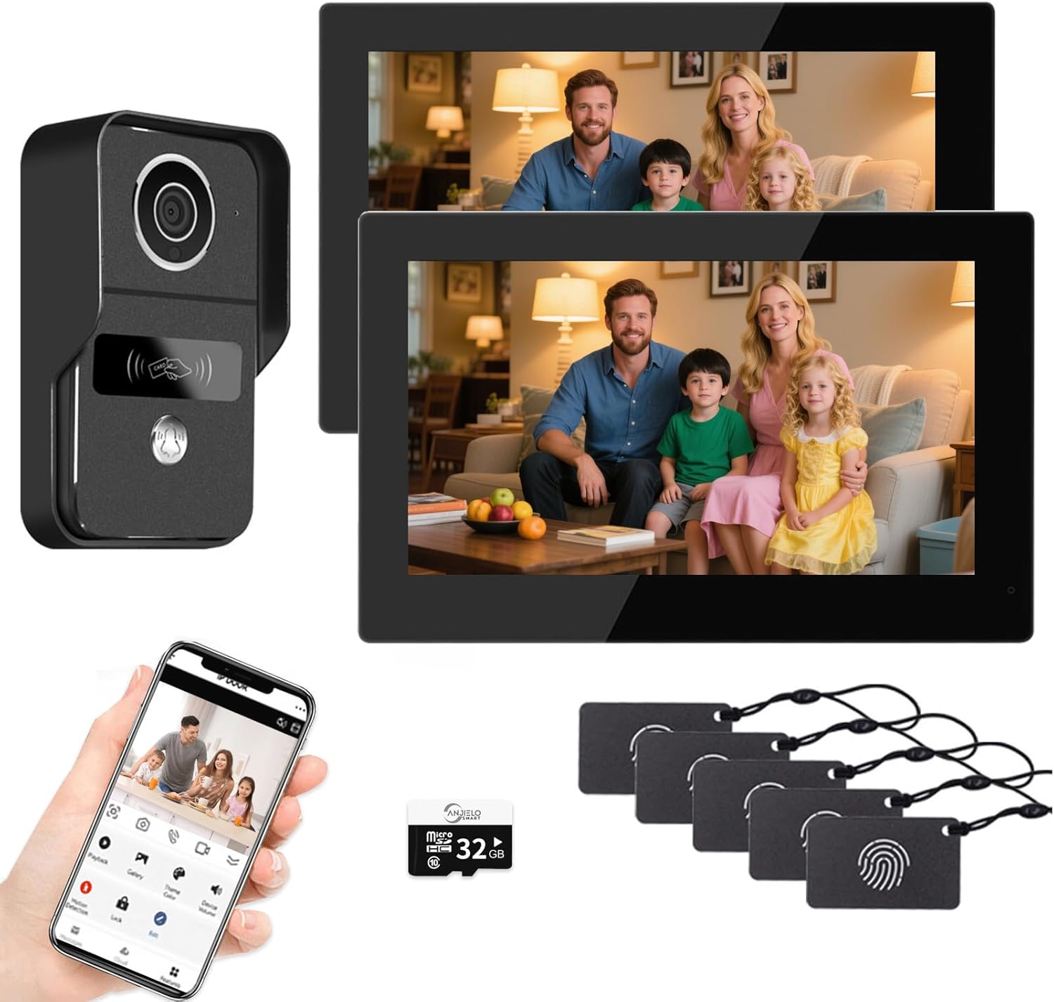 ANJIELO SMART 2-Wired Video Intercom System components including doorbell, two monitors, smartphone app view, micro SD card, and RFID key fobs.