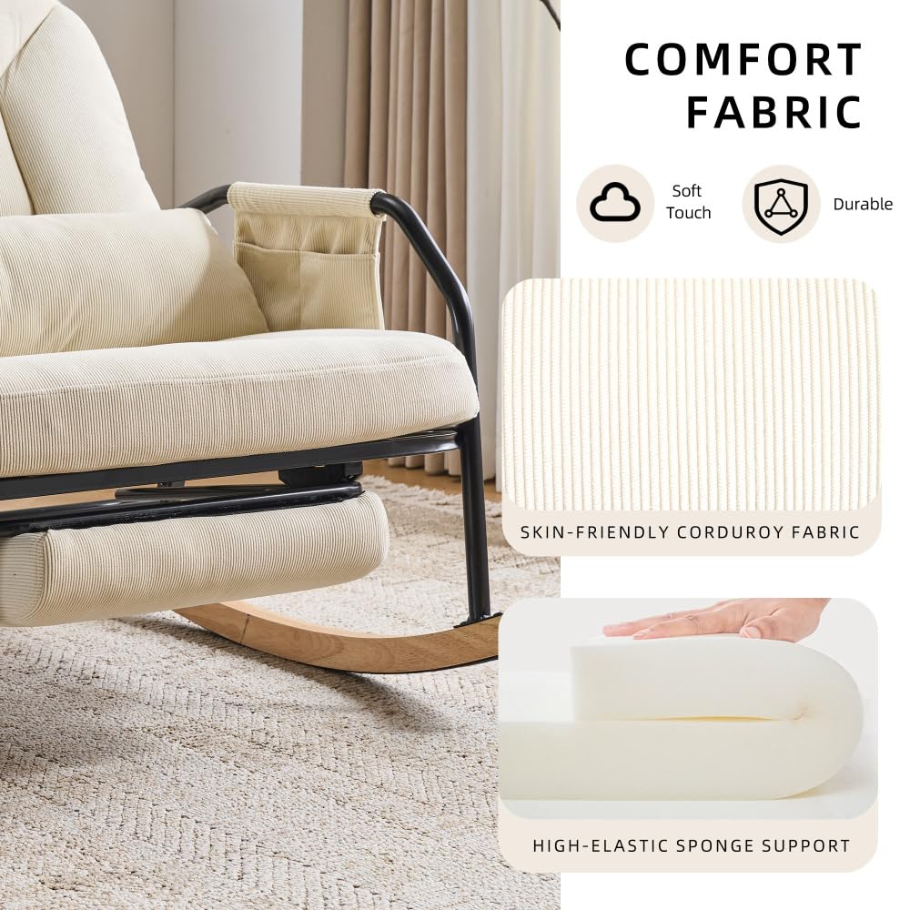 I0I&I0I Schaukelstuhl Mit Fußhocker Verstellbarer Relaxsessel Gepolsterte Sitzfläche Für Wohnzimmer Schlafzimmer Balkon Und Terrasse Aus Cordstoff (Beige + Corduroy + Foam)