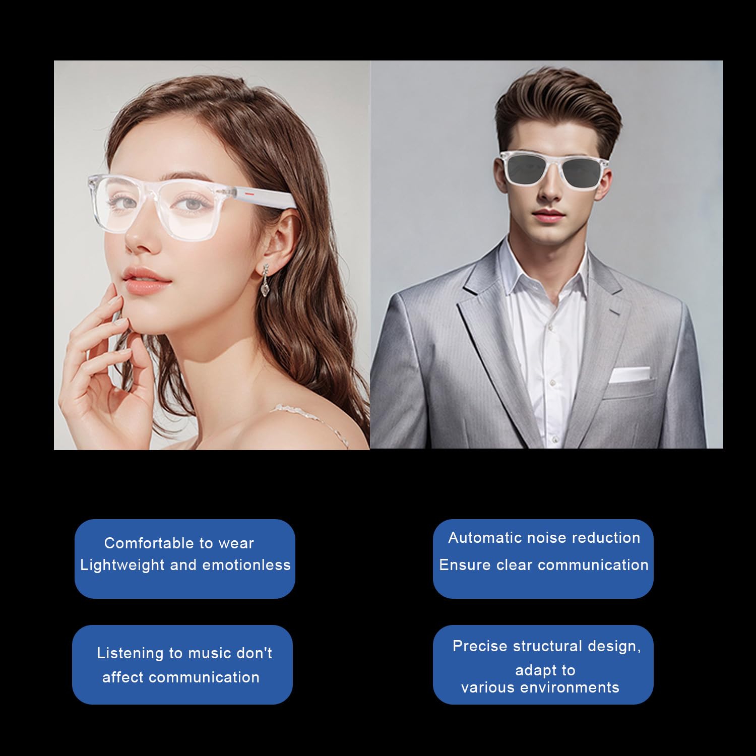 JZ TWS Smart Bluetooth Audio Glasses - kit de Verres de Lunettes (Blue Light Shield & Lunettes de Soleil & Rose & Bleu) for Office Outdoor Sports Drive - Smart Glasses for Men & Women - White Frame