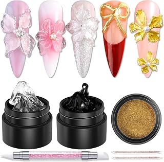 3D Sculpting Gel for Nail Art, 2PCS Clear & Black Solid Builder Kit, Non-Stick Molding Hard Gel with Silicone Carving Pen and Gold Chrome Nail Powder, Professional Nail Salon Supplies