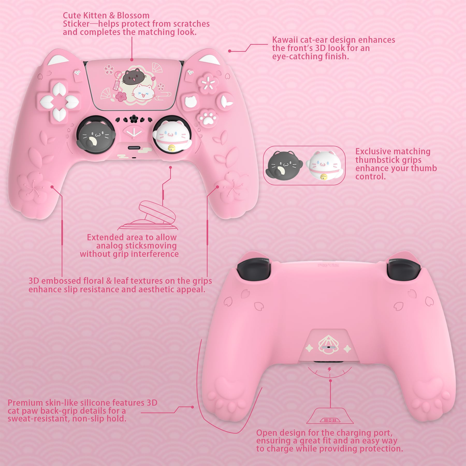 PlayVital Funda de Silicona para ps5 Mando - Protector Antideslizante con Tapas para Joystick y Pegatina, Cubierta de Goma Suave, Accesorios para ps5 - Diseño Gatito Lindo (Rosa)