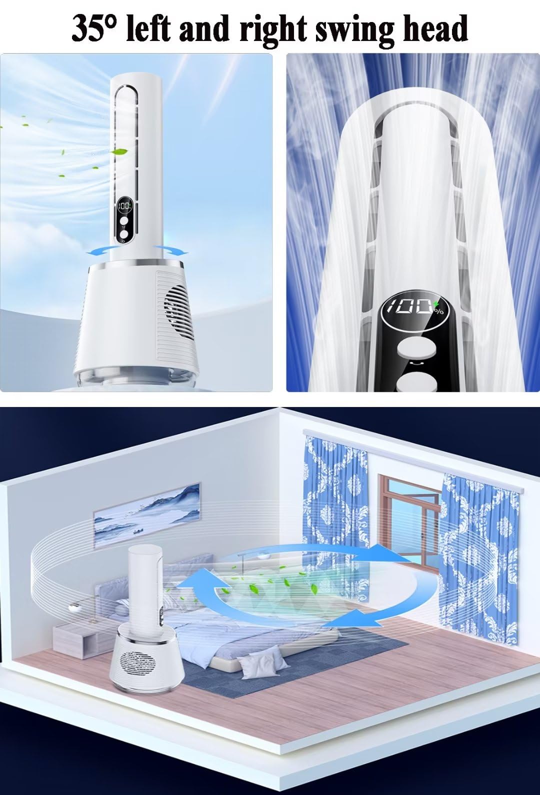 Ventilador eléctrico de escritorio, ventilador de torre de columna silenciosa con 5 velocidades, oscilación de 35°, ventilador personal USB para oficina en casa, diseño sin hojas, cabezal agitador