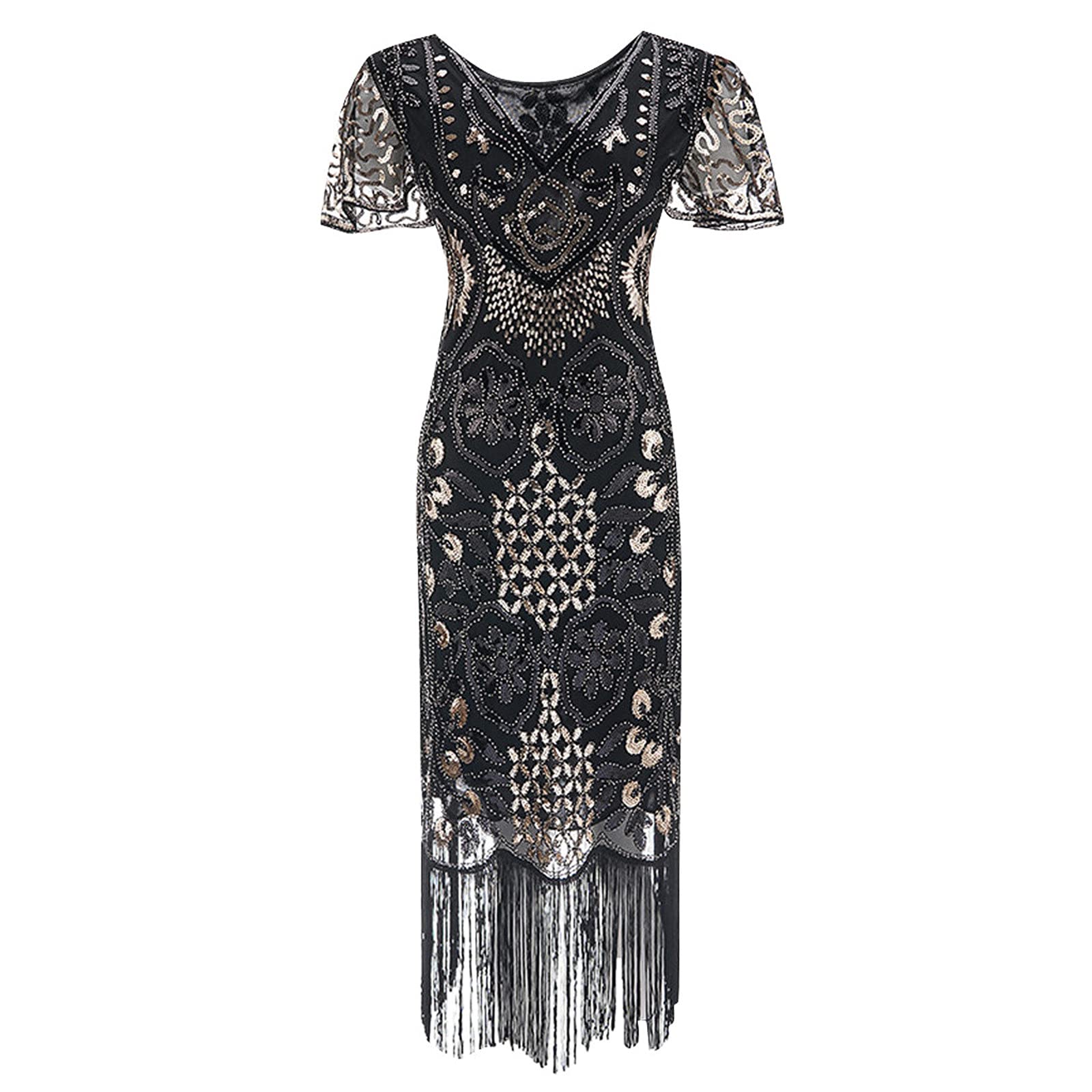 Women's 02#-Gold 1920S Flapper Dress For Uk Vintage Sequin Fringe Beaded Art Deco Fancy Dress With Sleeve For Party Prom 1920'S Cocktail Party Sequin Tassel Dress