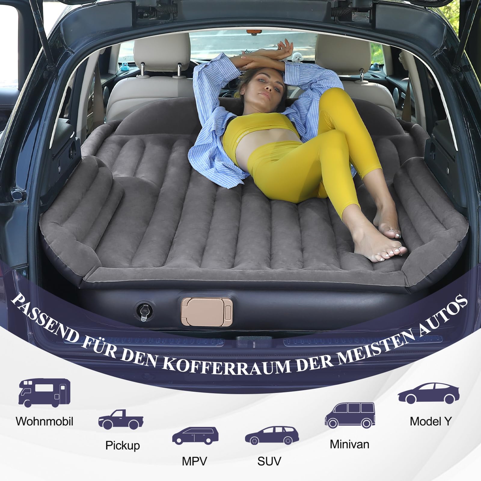 KMZ Aufblasbare Luftmatratze mit eingebauter Elektropumpe – Selbstaufblasende/Entlüftbare Matratze in 90 Sekunden – Flockbeschichtete Auto-Luftmatratze mit Tragetasche für Reisen und Camping | KMZ Aufblasbare Luftmatratze mit integrierter Pumpe für Campin