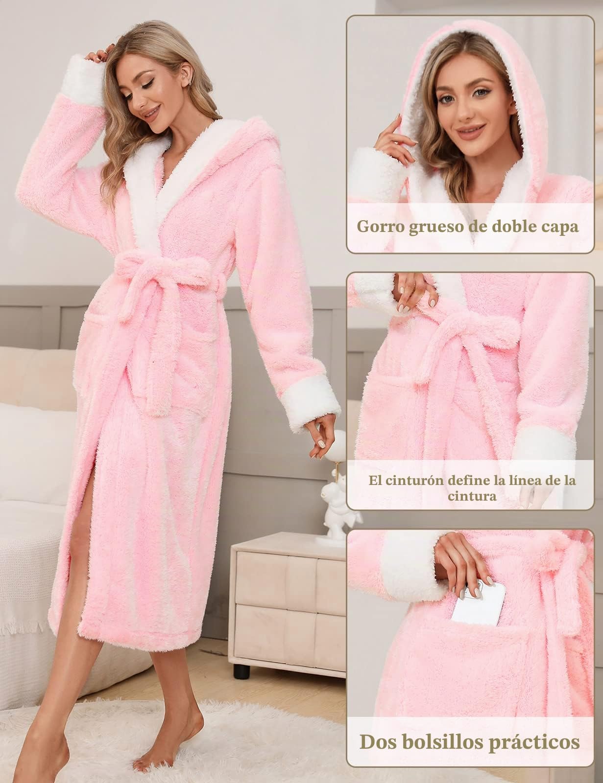 Voqeen Bata de Casa con Capucha de Forro Polar Mujer Invierno Albornoz de Felpa Suave y Esponjosa con Bolsillos Ropa de Descanso Perfecta, Regalos para Mamás y Señoras