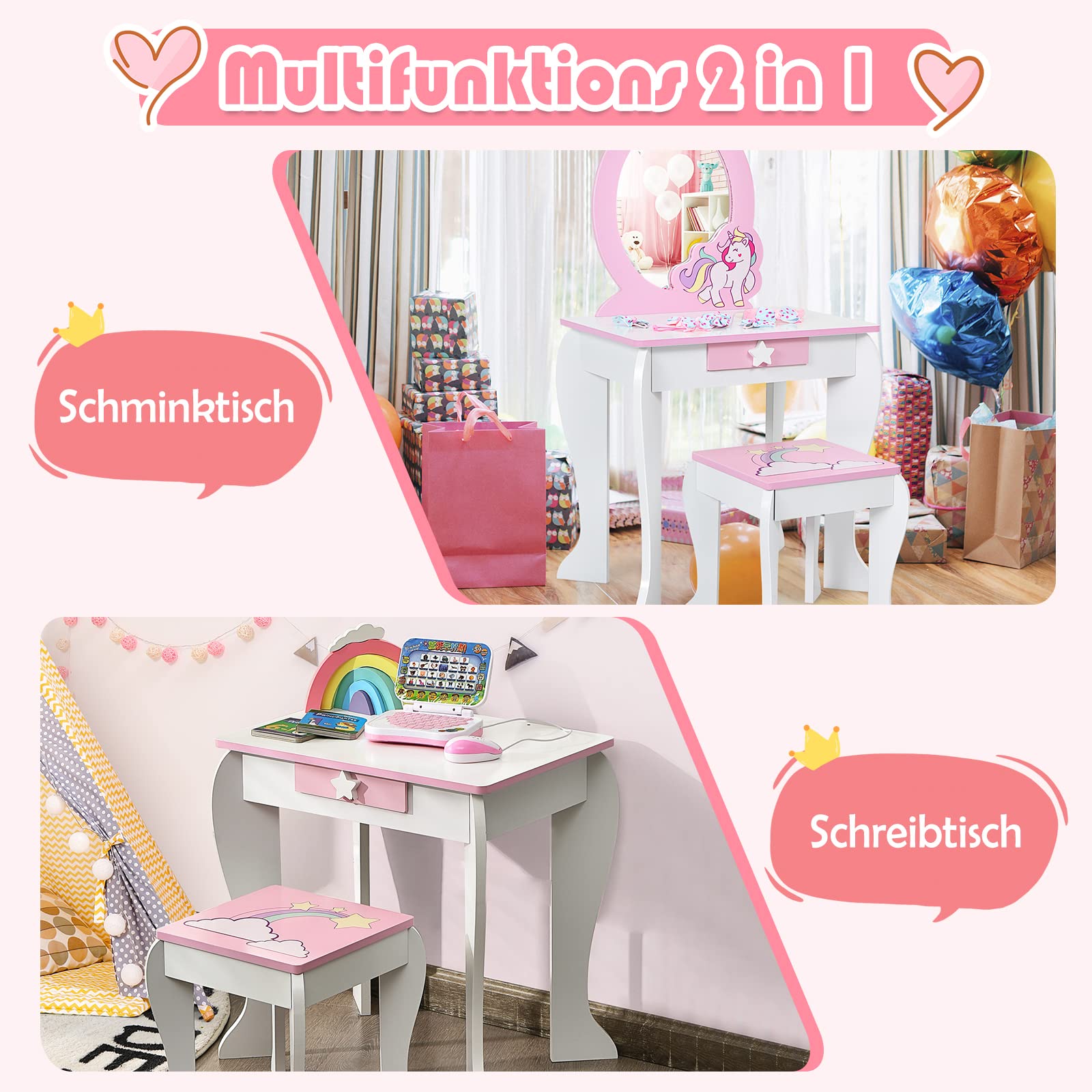 GOPLUS Schminktisch Kinder, Frisiertisch mit Hocker & abnehmbarem Spiegel & Schublade, Kosmetiktisch mit Haarband & Haarspange, Schminktisch Einhorn aus Holz für Mädchen ab 3 Jahren (Weiß)