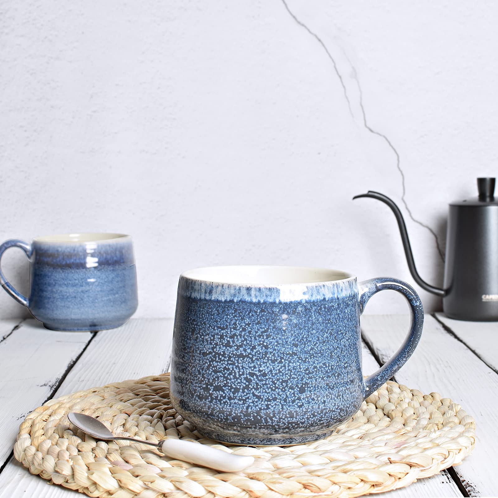 Bosmarlin Duży ceramiczny kubek do kawy zestaw 2 sztuk, duża filiżanka do herbaty do biura i domu, nadaje się do zmywarki i kuchenki mikrofalowej (niebieski, 2)