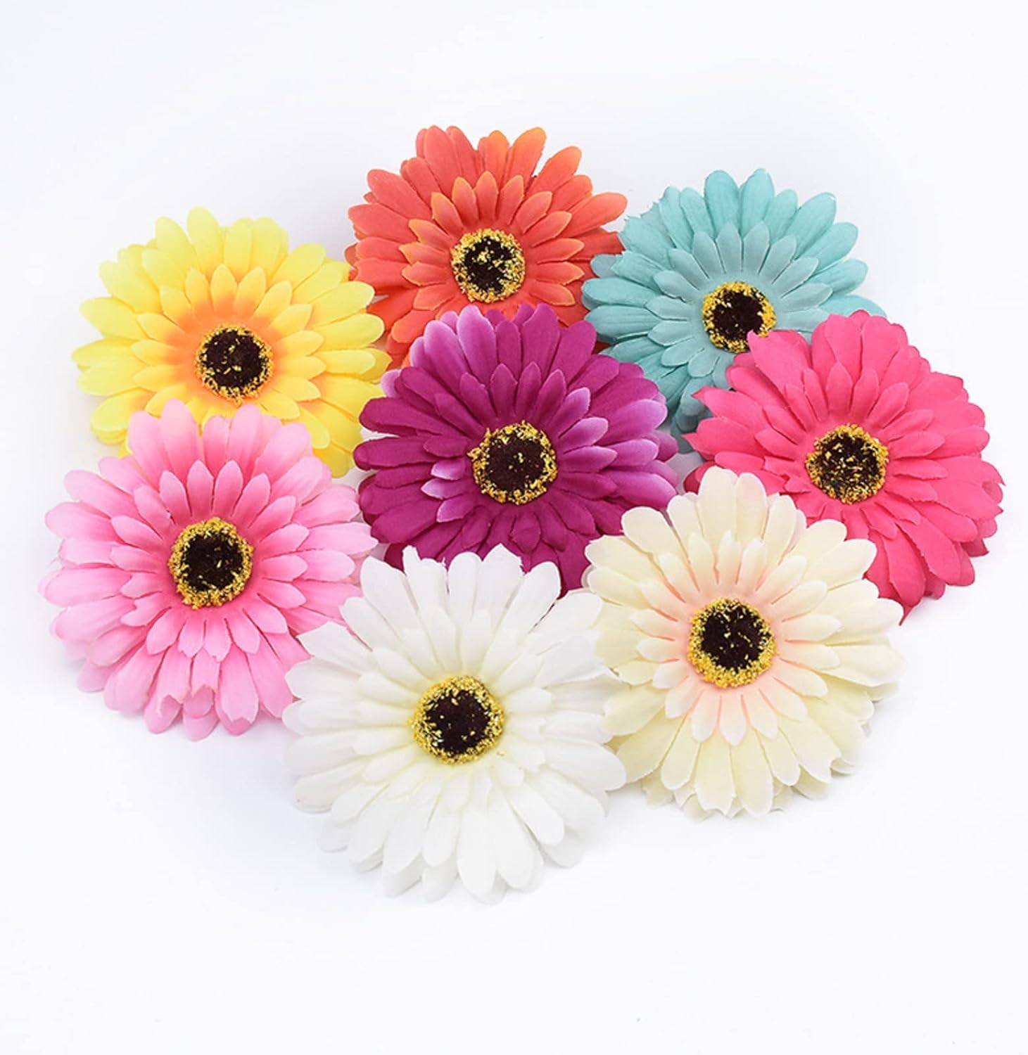 50PCS Fake Flower Heads in Bulk, Artificial Daisy Heads Gerbera Flowers Head for Crafts Home Wedding Decoration DIY Wreath Decor (8 Colors Mixed)