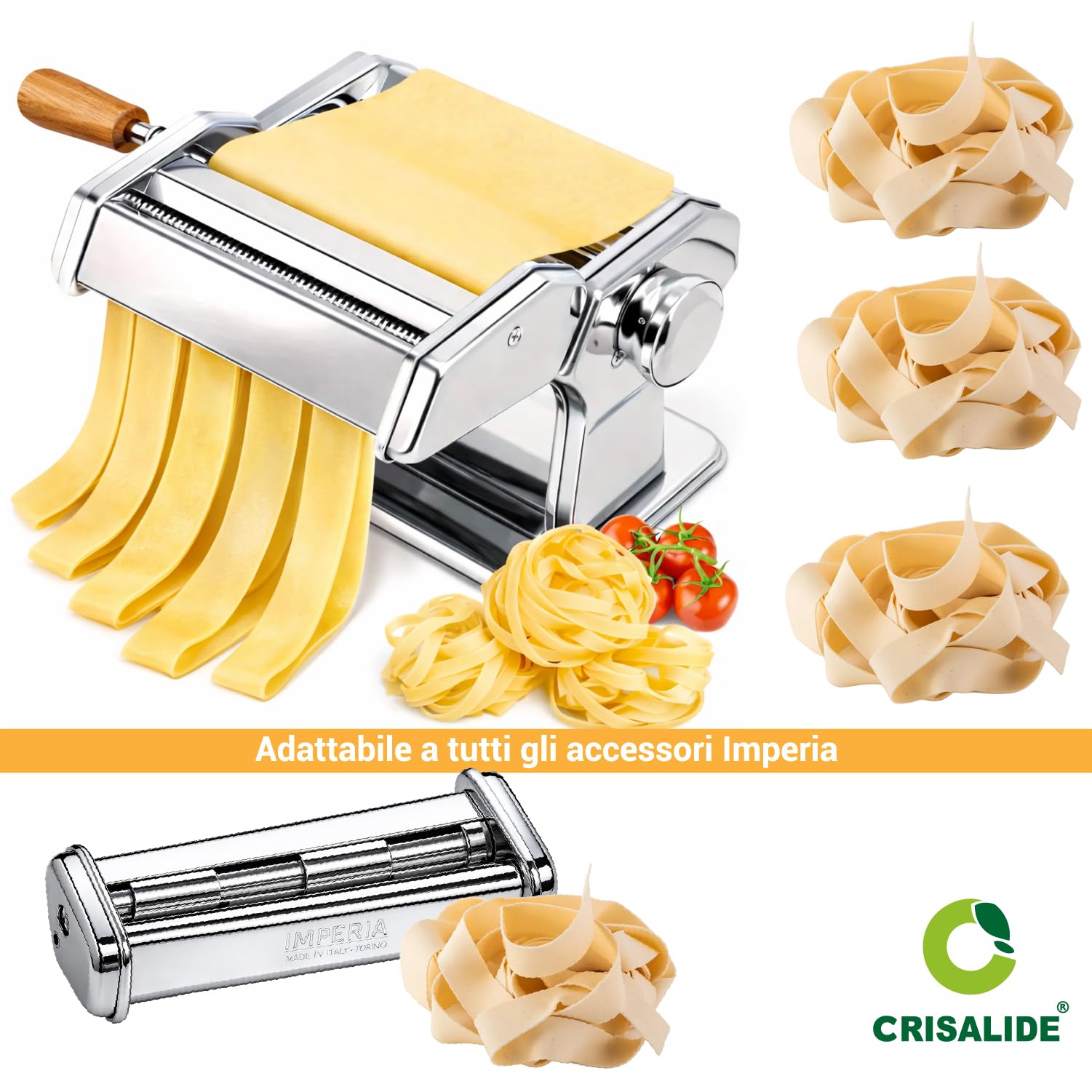 Crisalide® - Máquina para pasta Imperia, máquina clásica, fabricada en Italia, máquina para pasta fresca de acero. Manual con manivela, ajustable 6 grosores, acero cromado (Simplex Pappardelle)