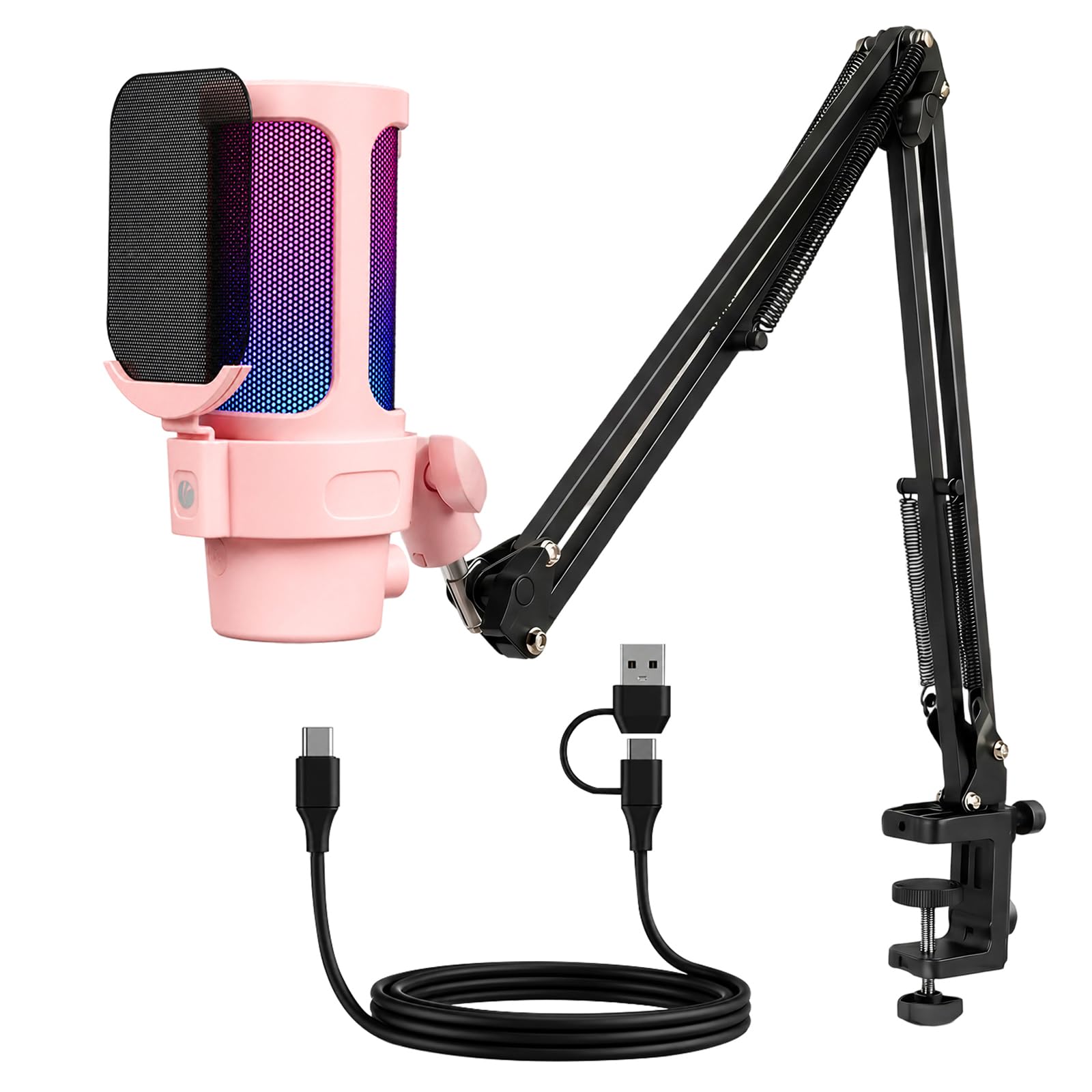 V VCOM Microfono USB per PC, microfono da gioco rosa con braccio e modalità