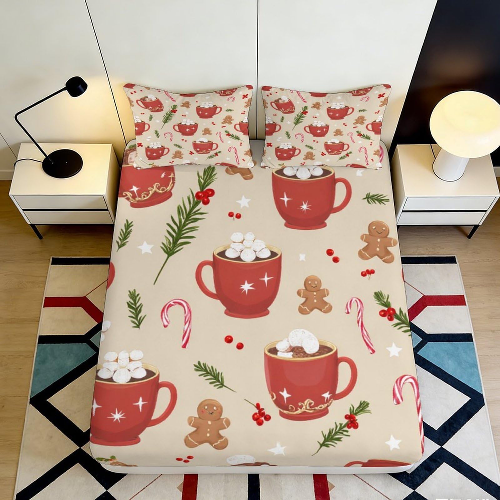 3D Printed Christmas Mug Fitted Sheet Microfiber Soft Gingerbread Candy Cane Bed Cover for Bedroom Guest Room Decor 90x200x25cm