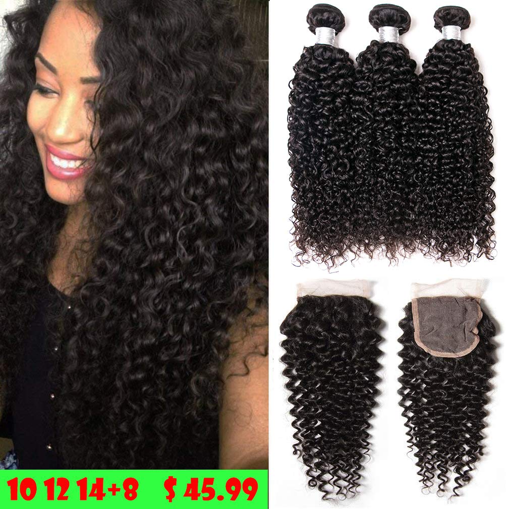 Brazilian Human Hair 3 Bundles With Closure Curly Wave Bundles With Free Part Closure 100 Unprocessed Virgin Human Hair Extensions Black Color 10 12 14 8 Free Closure Buy Online In Canada