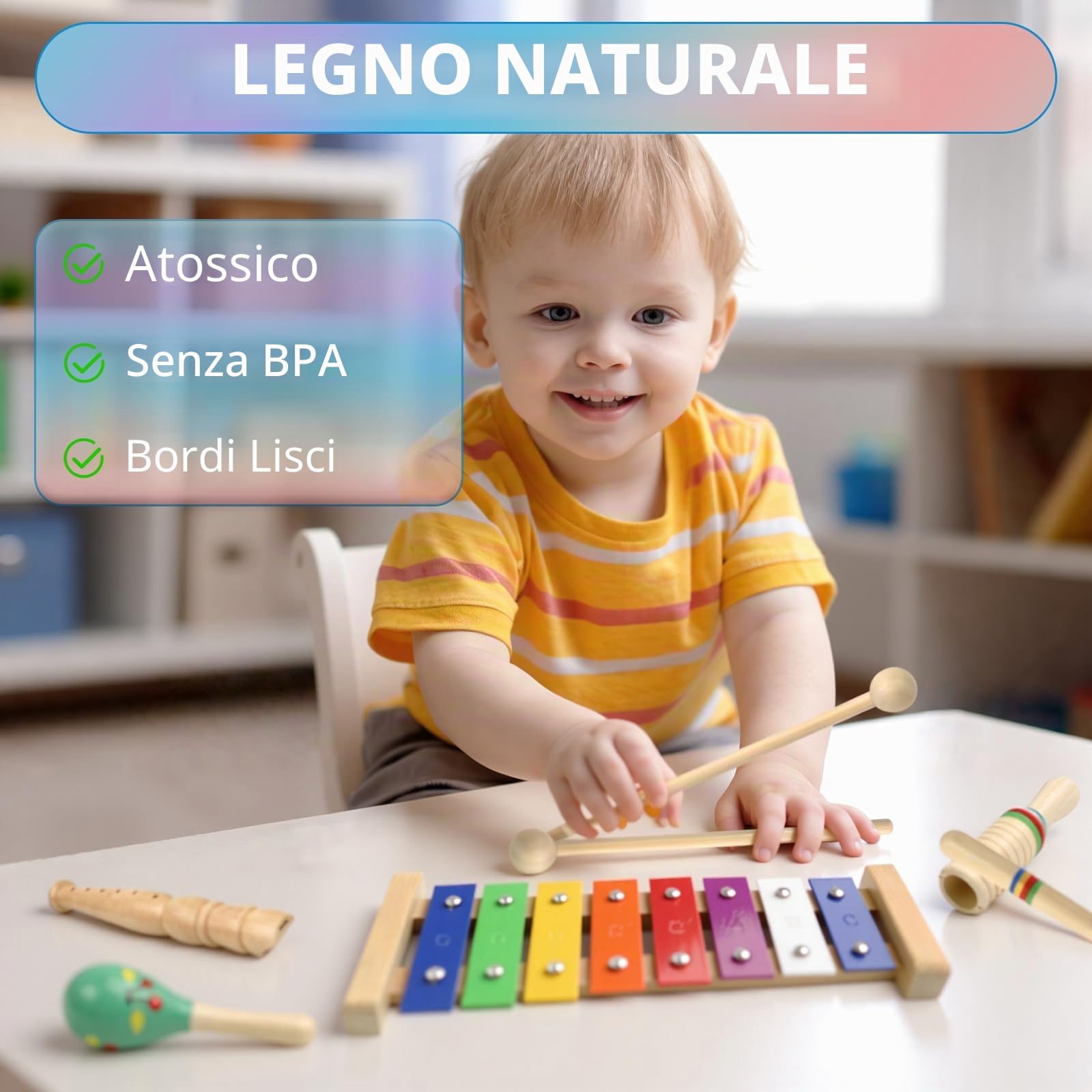 Strumenti Musicali Bambini 1-5 Anno, Giocattoli Montessori,Strumenti Musicali Percussioni in Legno Color Arcobaleno con Custodia Trasparente