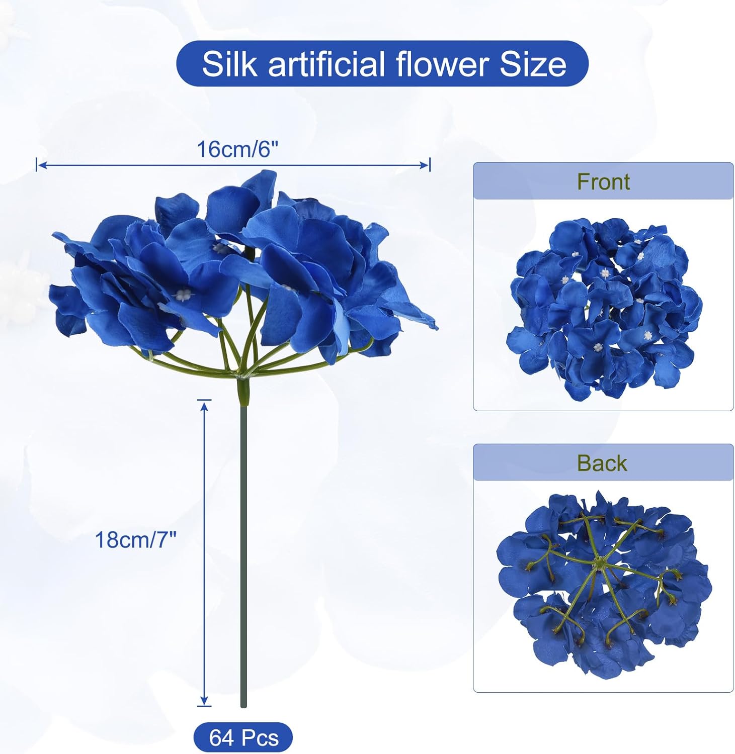 MECCANIXITY Silk Artificial Hydrangea Flowers, Dark Blue Artificial Flowers Heads with Stems, Full Hydrangea Flowers for Wedding Centerpieces, Party Decoration 64 Set