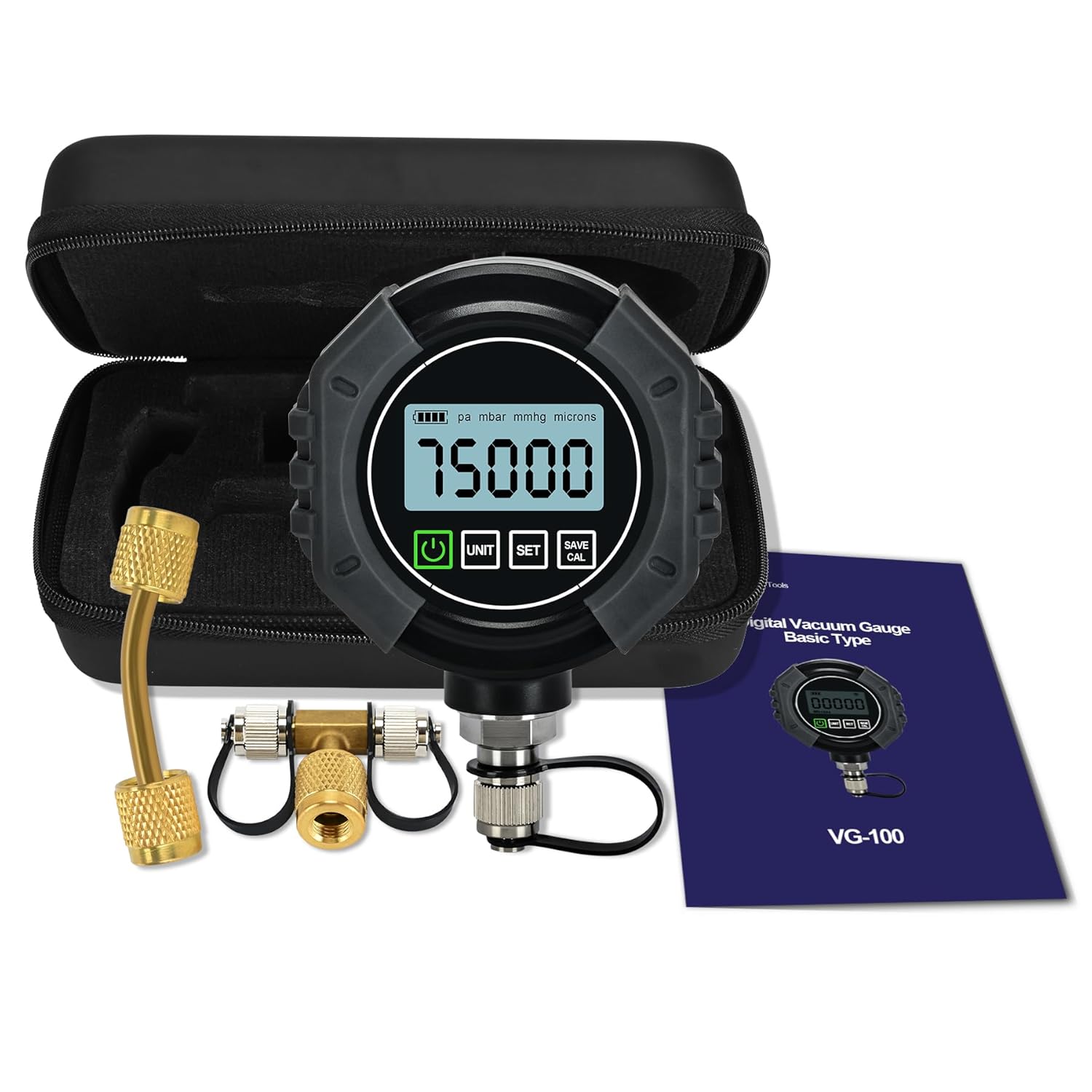 Digital Vacuum Gauge HVAC Micron Gauge Tester 0-75000 Microns, HVAC Vacuum Pressure Gauge with Audible Alarm, 7/16-20 UNF 1/4" SAE Port, Backlit LCD, T-Connector&Extension Adapter for AC Refrigeration