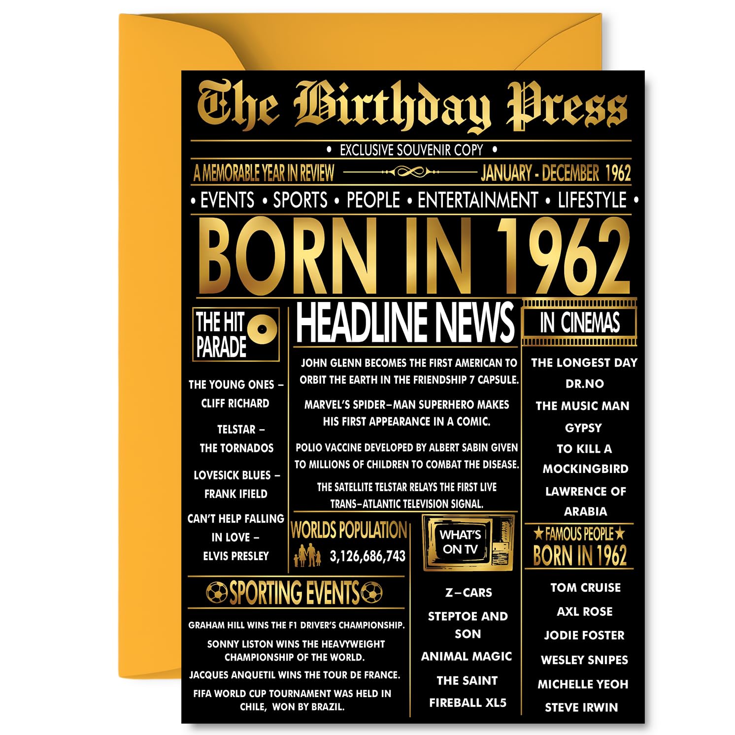 Gold 64th Birthday Card for Men Women - Black & Golden Newspaper Born in 1962 - Happy 64 Birthday Cards for Cousin Dad Husband Nan Grandad Brother, A5 Bday Greeting Cards