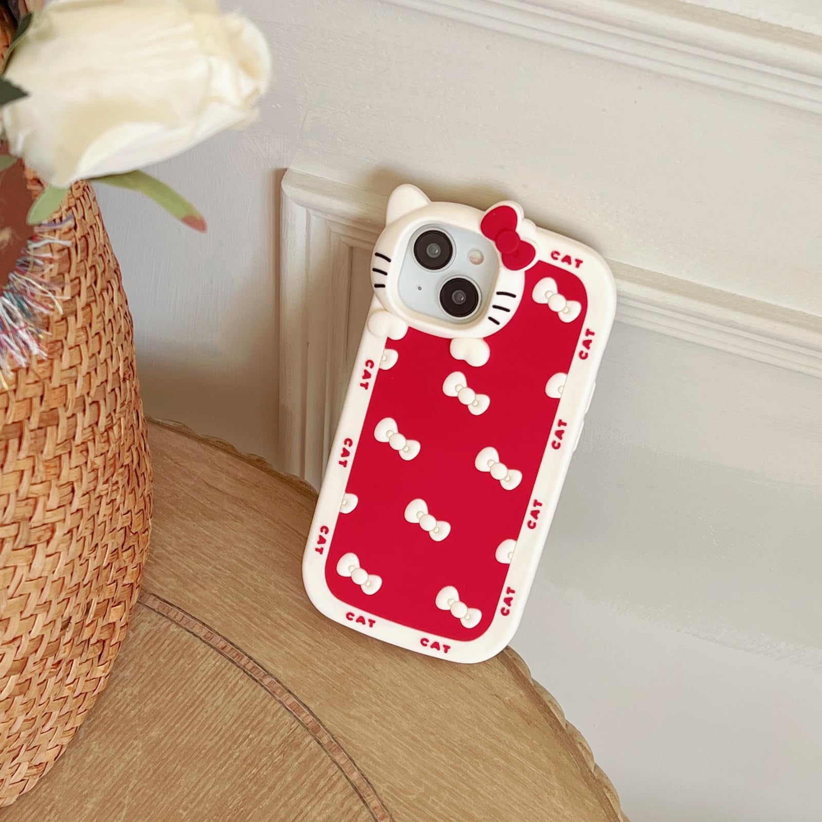 Danzel for iPhone 13/14/15 Cute Case, Cartoon Bow Cat Soft Silicone Kawaii Funny Retro Cover (Red)