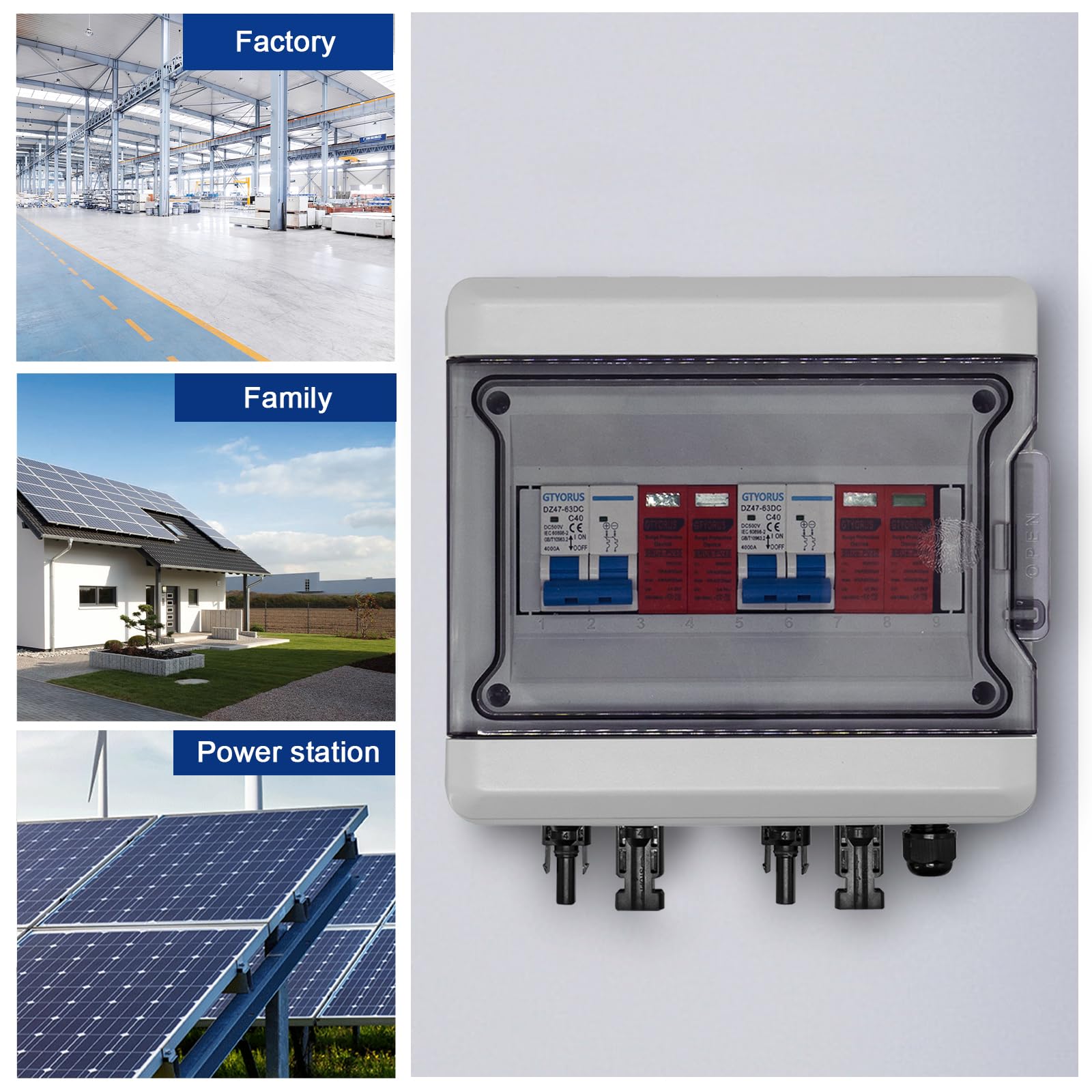 Boitier de Jonction Photovoltaïque Solaire, IP65 Protection Contre Les Surtensions DC Photovoltaïques, 2 String 500V PV DC Disjoncteur avec Fiche Solaire(2 in 2 out, 40A)