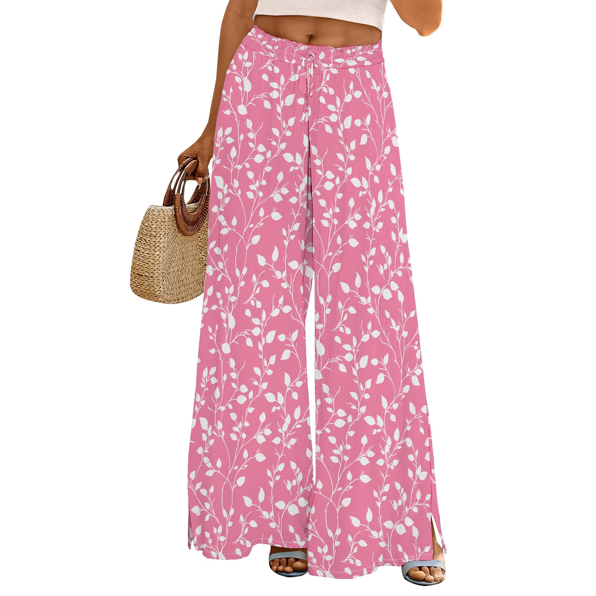 Palazzo Pants for Women Casual High Waist Wide Leg Floral Elastic Lounge Trousers with Pockets
