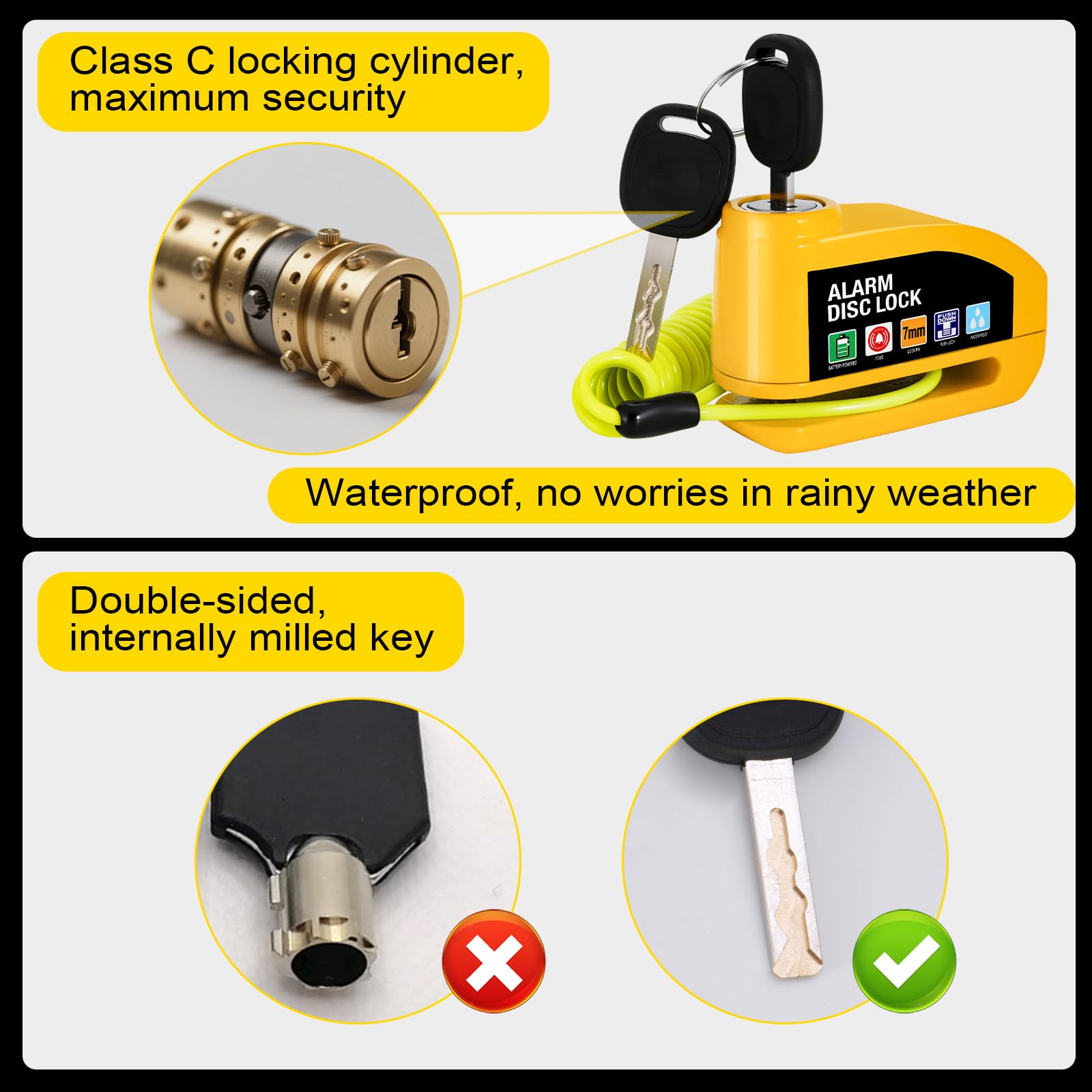 Vemfay Candado Moto Disco con Alarma 110 DB, Candado de Freno de Disco con Cable de Recuperación de 1,2 m, Candado de Alta Seguridad para Moto, Ciclomotor, Bicicleta, Scooter