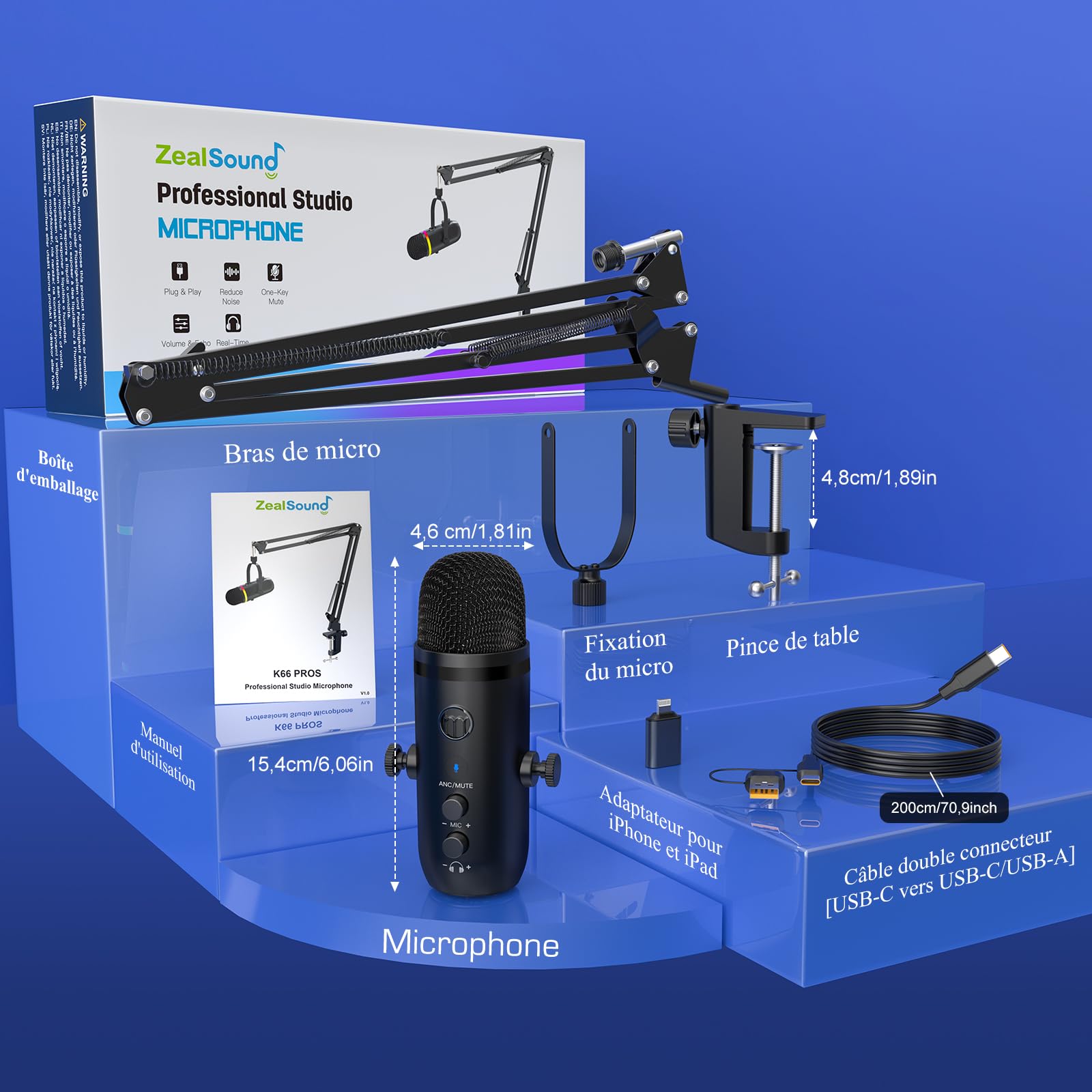 zealsound RGB Micro Gaming avec Bras, et Réduction de Bruit pour PC Telephone PS4/5, USB Microphone à Condensateur pour Podcast, Streaming, Twitch, Youtube, Discord, aevc Bouton de Silence et Gain