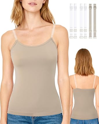Womens Seamless Camisole Tops, Everyday Layers Tank Top for Women, Spaghetti Cami with 2 Pair Clear Straps