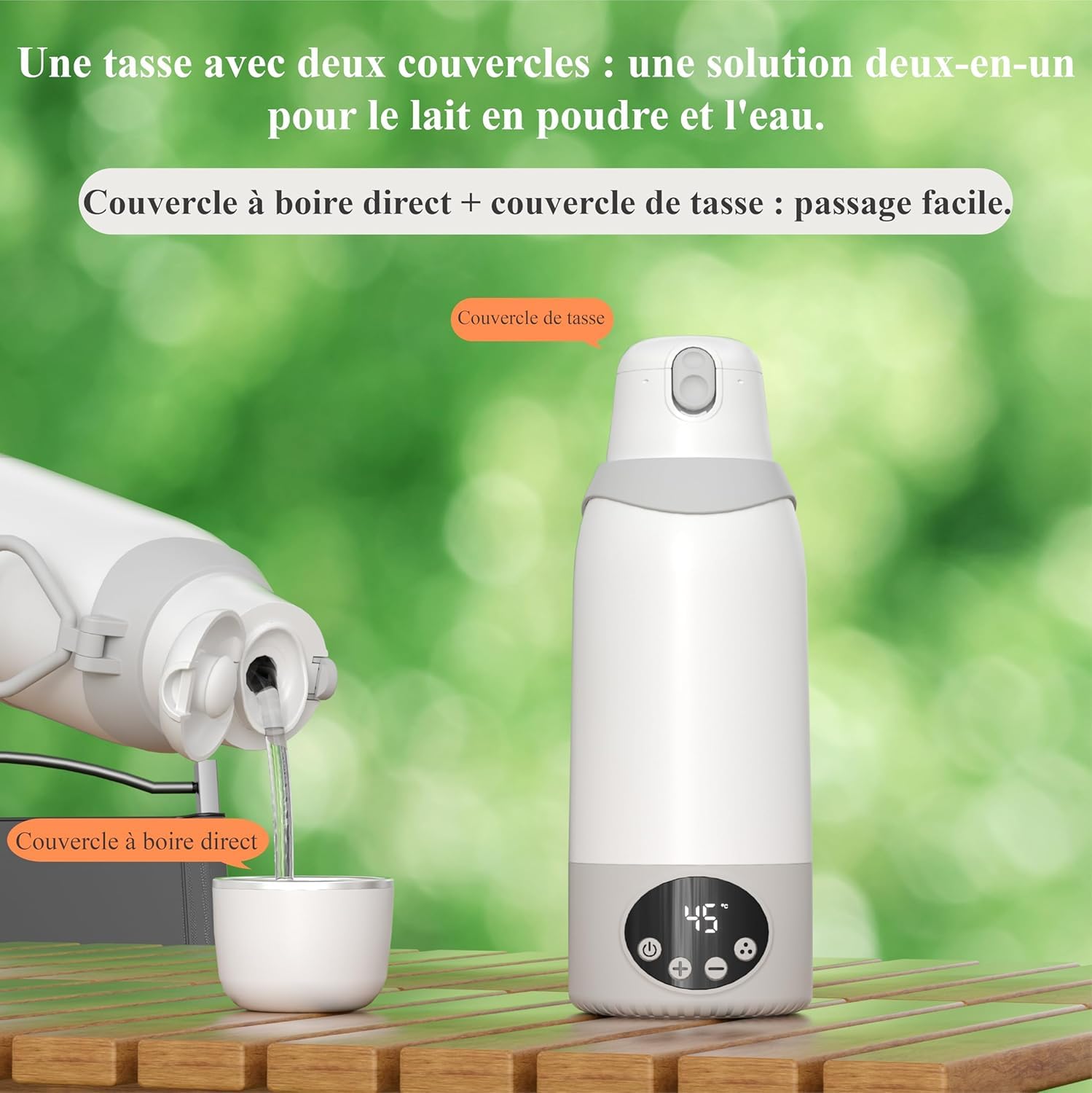 Chauffe Biberon nomade 500ML de voyage, Couvercle-tasse inclus, Batterie longue durée, Chauffe en 3 minutes, Contrôle précis de la température