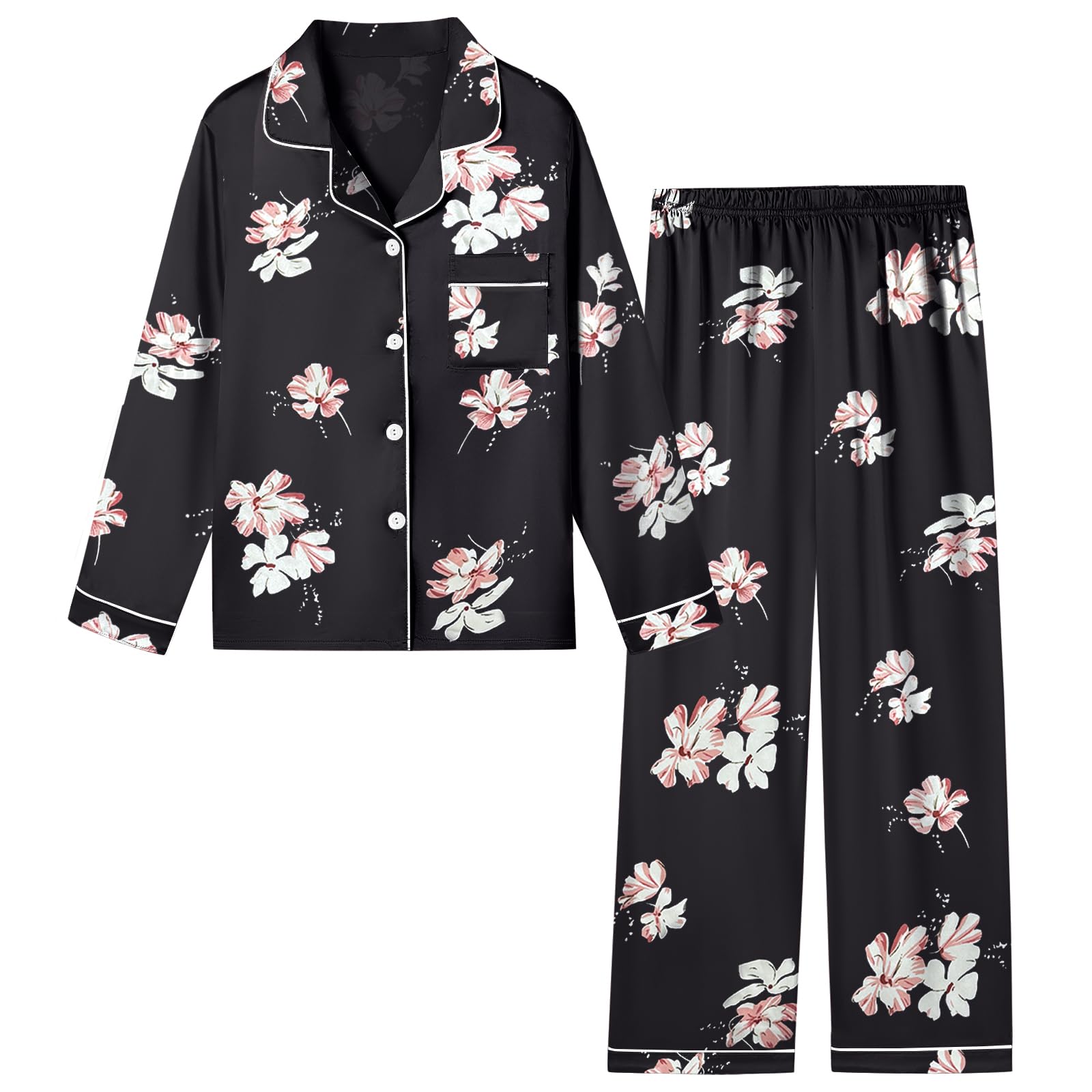 Schbbbta Girls Women Pajamas Set 2 Piece Satin Silky Pjs Button-Down Kids Sleepwear 3 Years - XX-Large