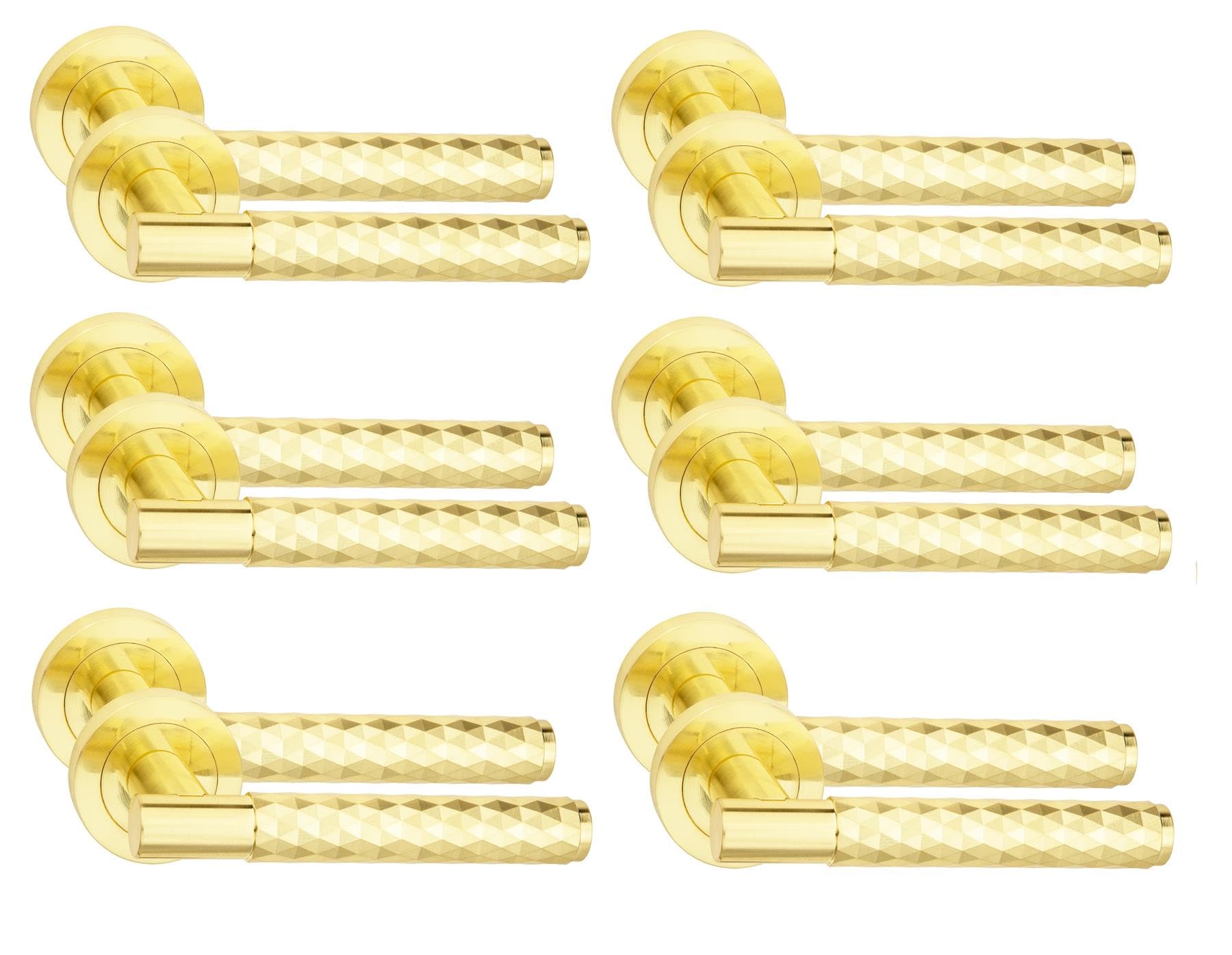 Golden Grace 6 Pair Knurled Diamond Cut T-Bar Door Handles Satin Brass Finish
