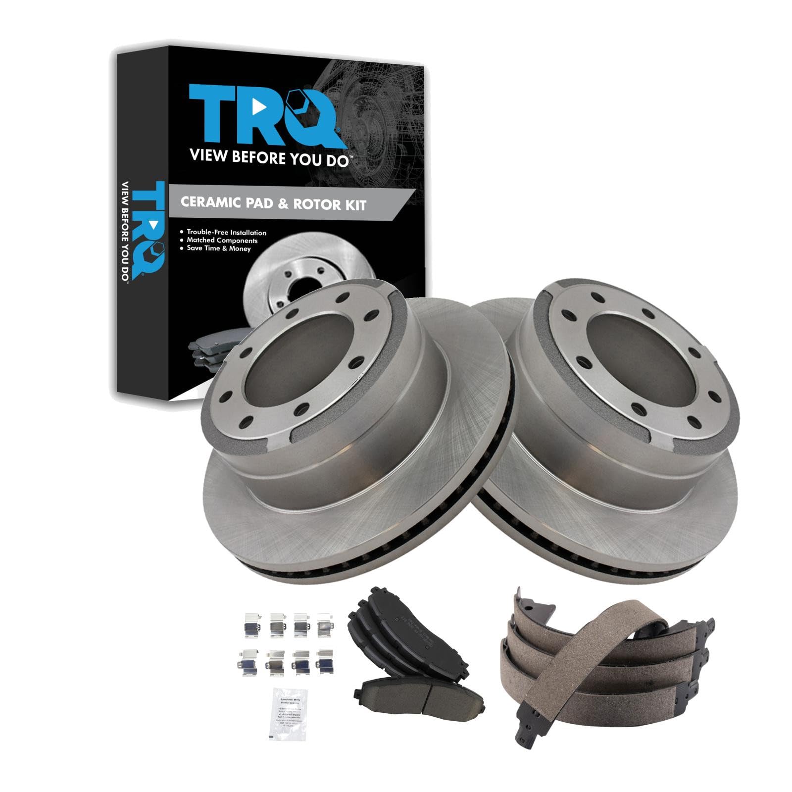 TRQ Rear Brake Pad &amp; Rotor Kit Parking Brake Shoe Set Ceramic Compatible with 2013-2021 Ford F-250 Super Duty F-350 Super Duty