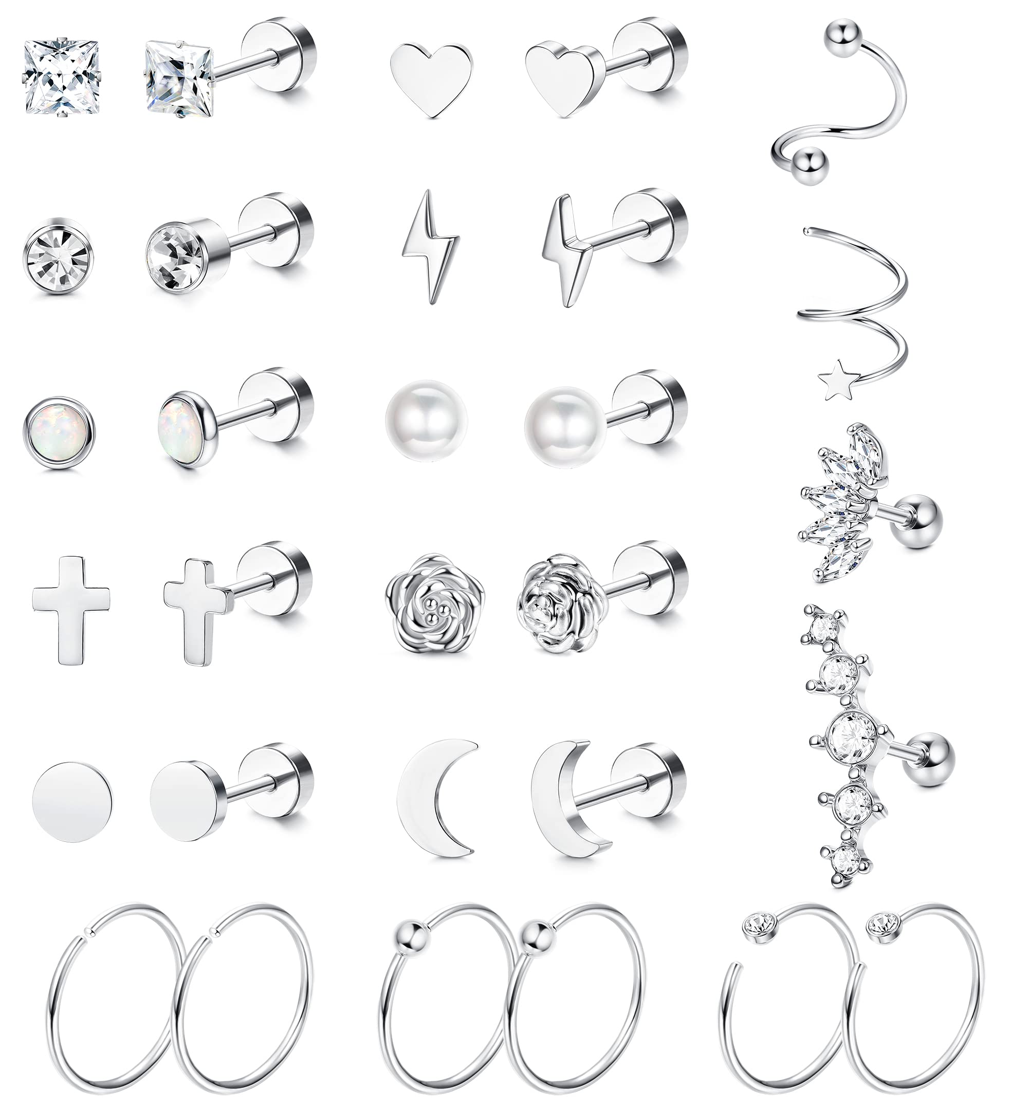 JeweBella 15 Pares Pequeños Pendientes para Mujer Acero Quirurgico Piercing Hélice Cartílago Hipoalergénicos Pendientes Aro Plata Luna Estrella Pendientes Espalda Plana para Mujer Hombre