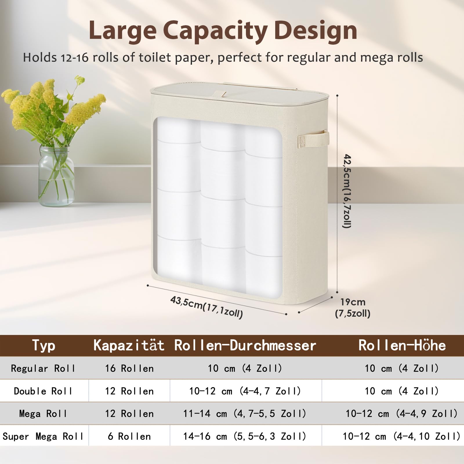 33L Porta Rotolo Carta Igienica da Terra, Mobiletto Cestini Bagno Portaoggetti, Contenitore Carta Igienica con Coperchio für 9-16 Rollen Klopapier, Beige