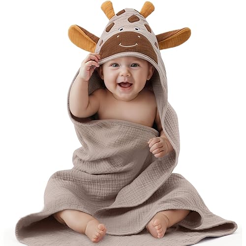 Blissful Diary Muslin Baby Hooded Towel, Soft and Absorbent Bath Towel for Newborn, Infant, Toddler, Unisex, 32″x32″ - Gentle Giraffe