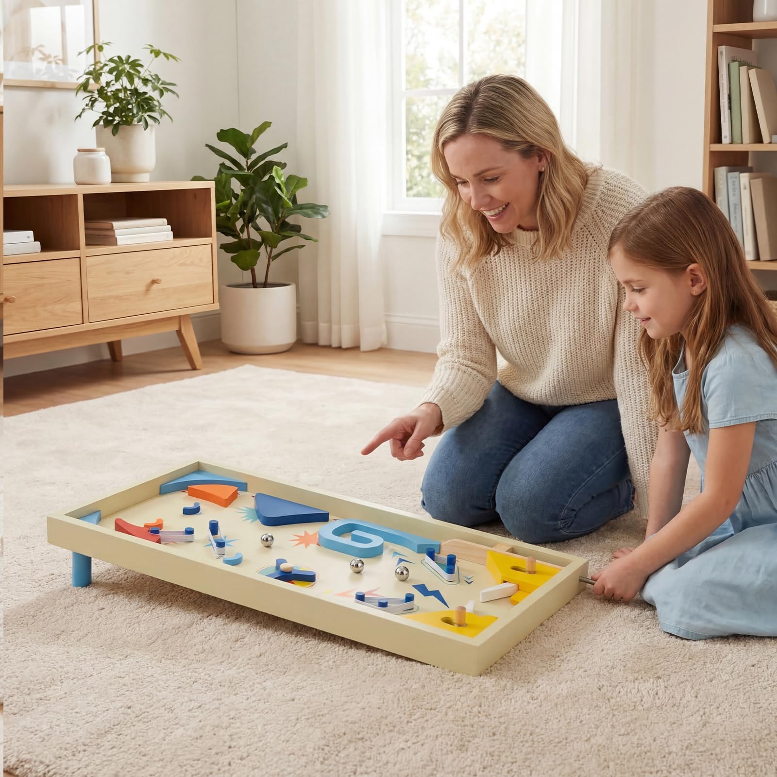 COSTWAY Flipper in Legno, Gioco da Tavolo Educativo con Pista Rotante per Punteggi e 3 Palline, Giocattolo Flipper Interattivo in Marmo per Ufficio Festa, per Bambini 6+ e Adulti