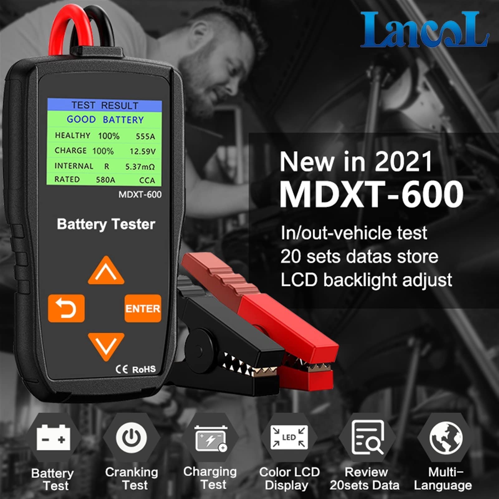 MDXT600 Tester akumulatora samochodowego 12V Testery wkładać kolorowe LCD ekran 40-2000 CCA. Alternator ładowania systemu i Cranking