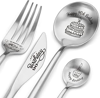 Happy 90th Birthday Spoon&Fork Gifts Engraved Cutlery Set Personalized Birthday Gifts for Grandpa Grandma Father Mother Sister Brother Friends