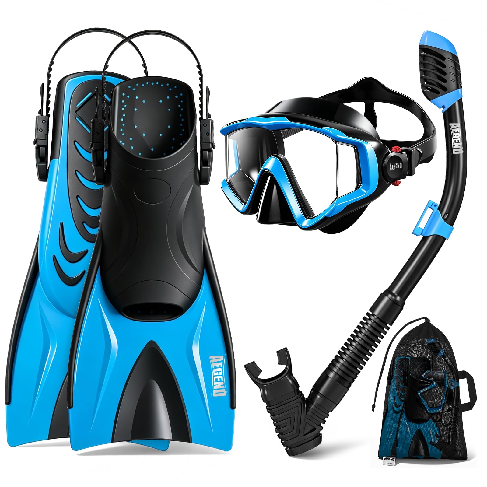 Aegend Attrezzatura da snorkeling per bambini e ragazzi, maschera subacquea anti-appannamento, pinne regolabili e boccaglio asciutto, kit completo per snorkeling, immersioni, immersioni subacquee e