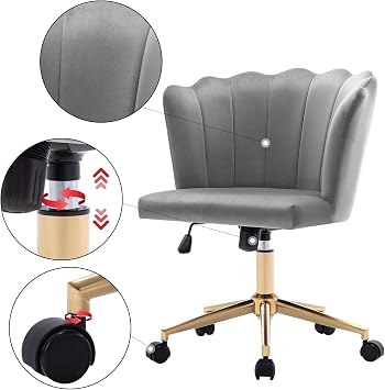 DUHOME Modern Home Office Chair Velvet Fabric Grey Desk Chair Adjustable Swivel Accent Chair with Gold Base