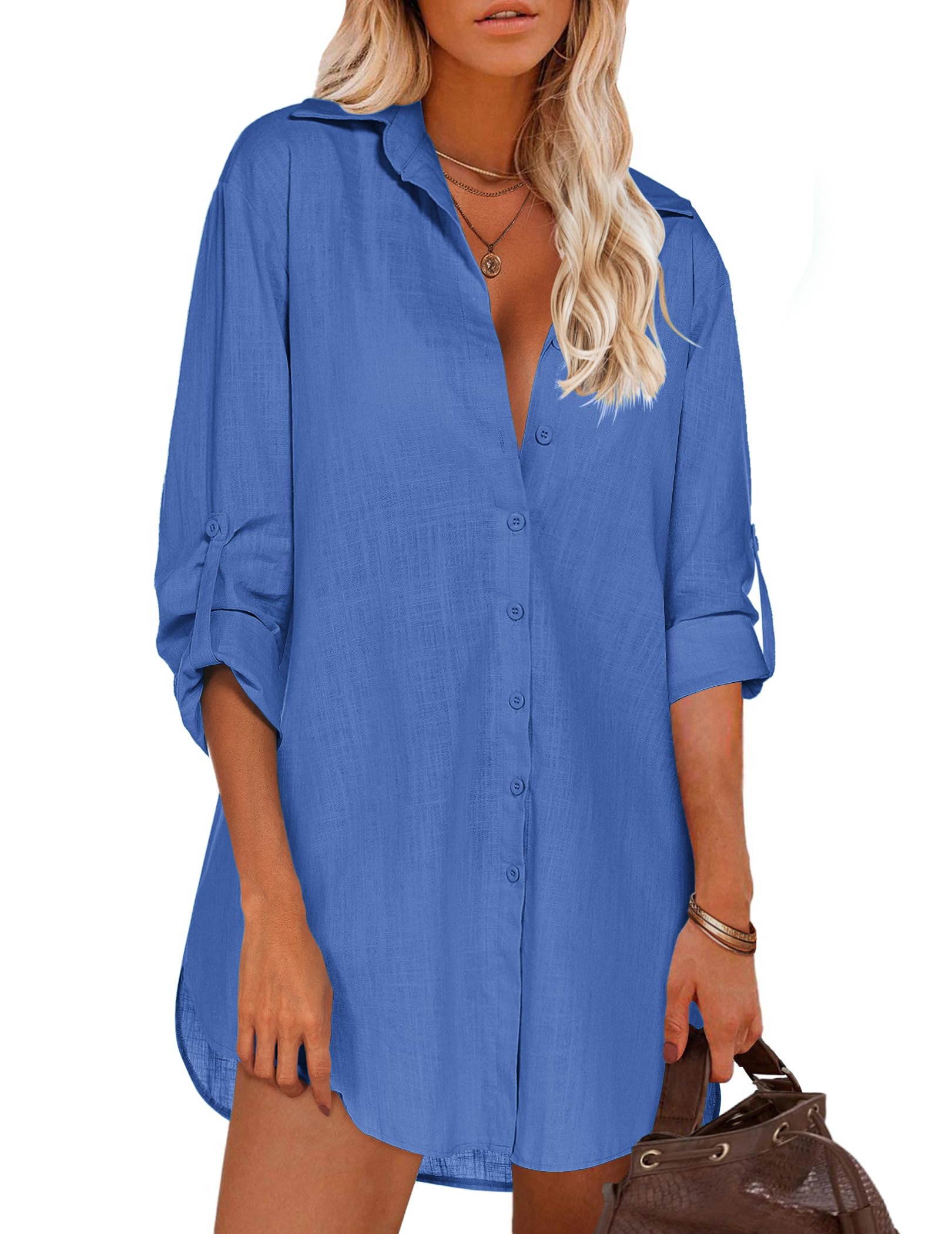 HOTOUCH Women Boyfriend Shirts Button Down Long Sleeve Blouse Cuffed Sleeve Collared Shirt