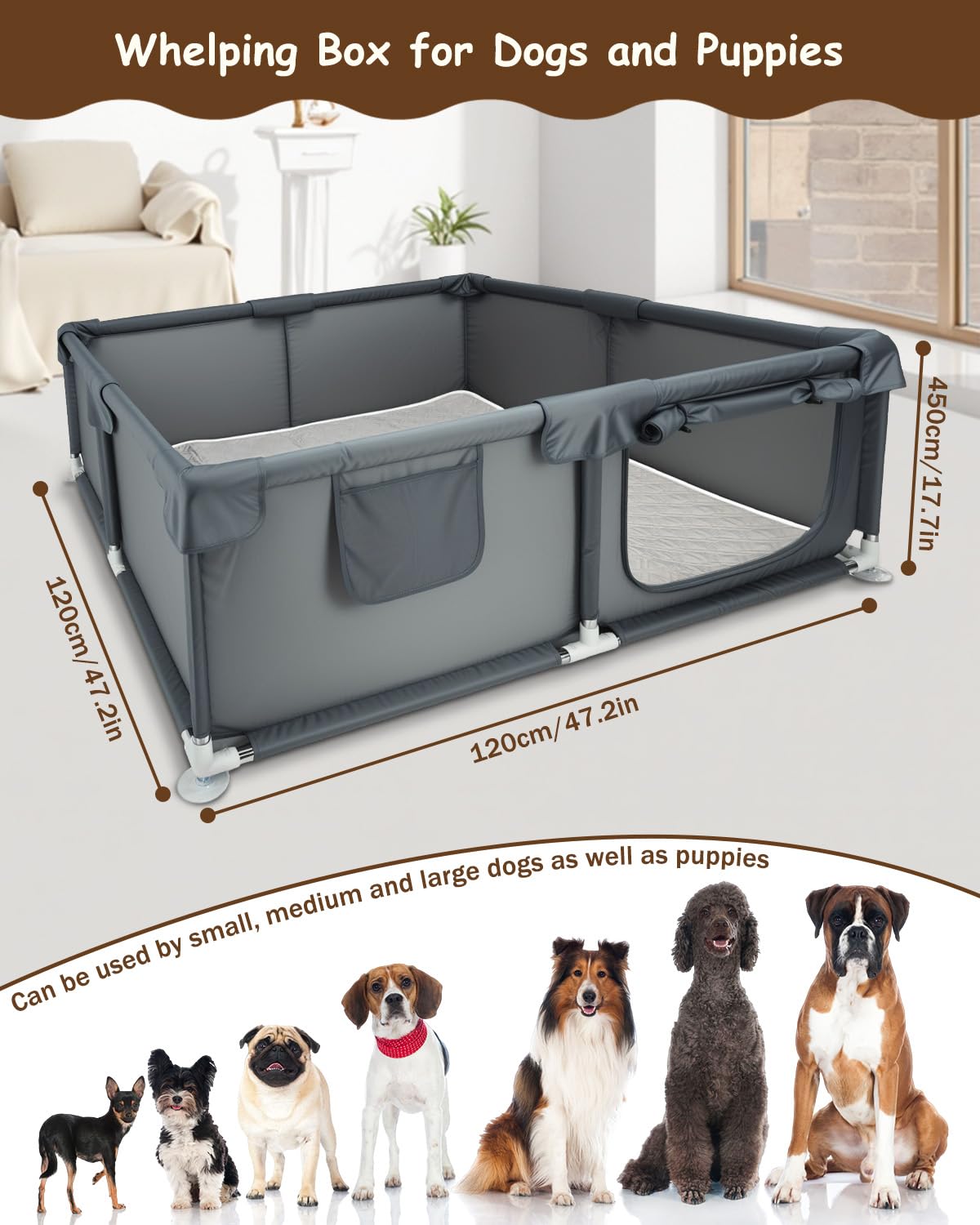 Boîte de naissance pour chiens de petite et moyenne taille - 120 x 120 x 45 cm | Grise, clôture d'activité pour chiots, tissu Oxford avec coussin absorbant pour chiot