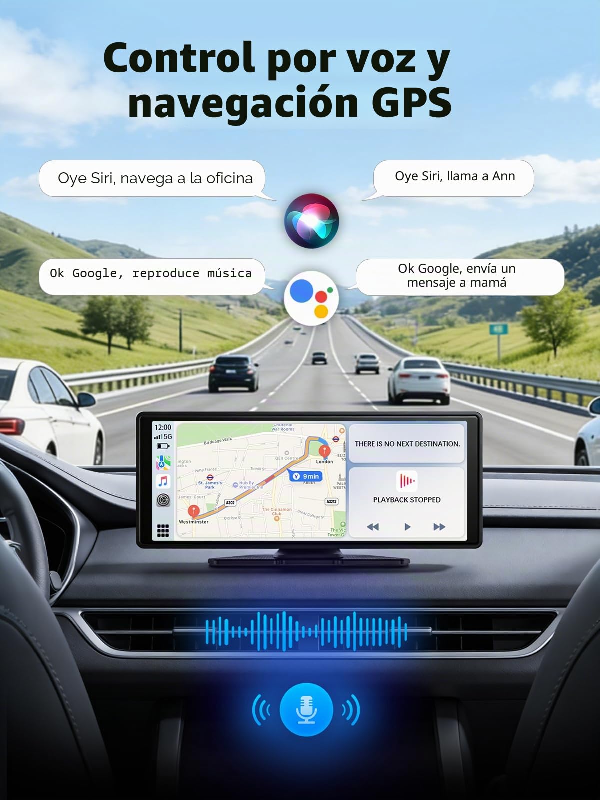 10.26" Pantalla Carplay Coche para Apple y Android, Cámara Trasera HD 1080P, Soporte Magnético, OTA, Bluetooth, Navegación GPS, Control por Voz Manos Libres, Mirror Link, FM, AUX